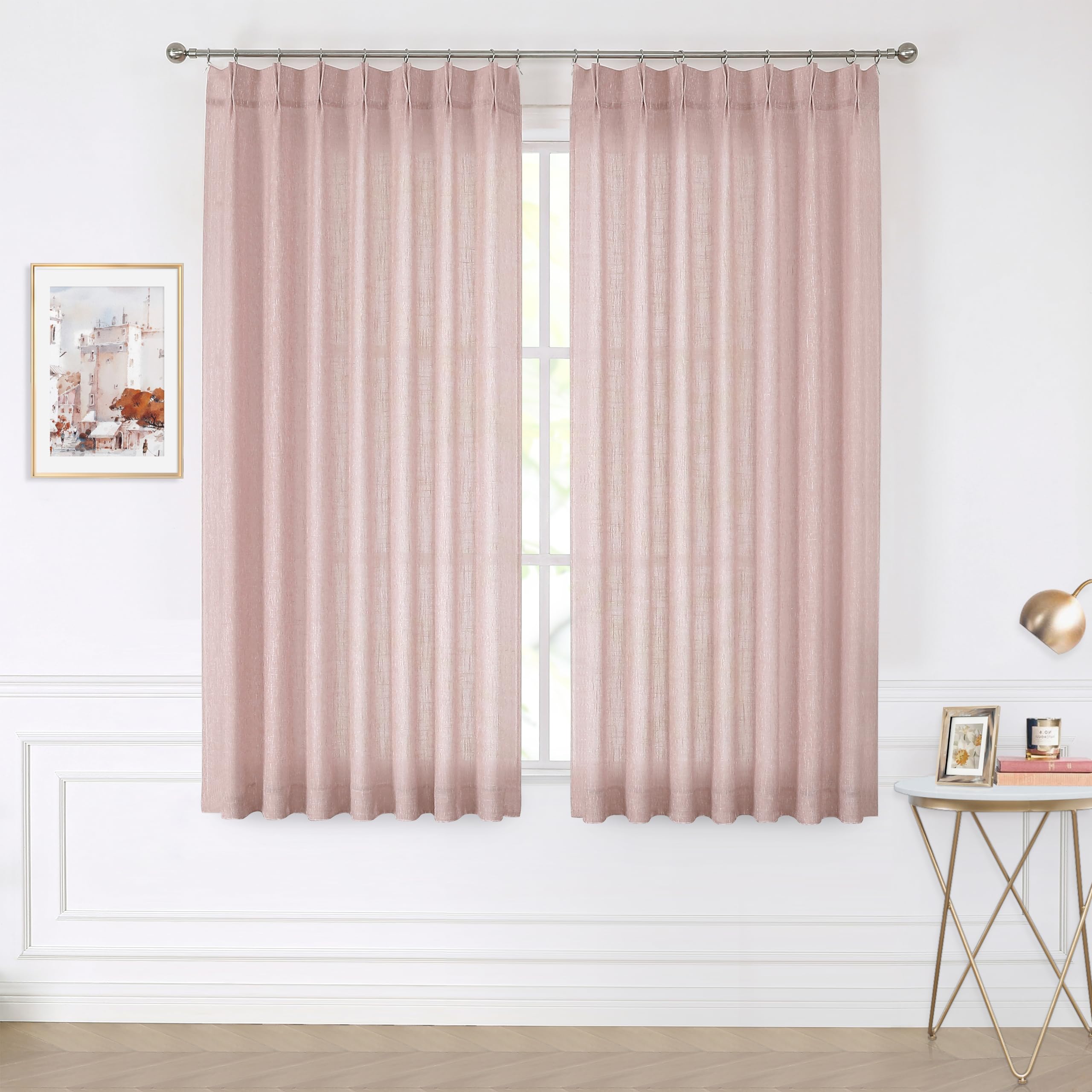 Vision Home Pink Pinch Pleated Semi Sheer Curtains for Girls Bedroom Living Room Textured Light Filtering Window Curtains 72 inch Rayon Blended Pinch Pleat Pink Drapes with Hooks 2 Panels 40" Wx72 L