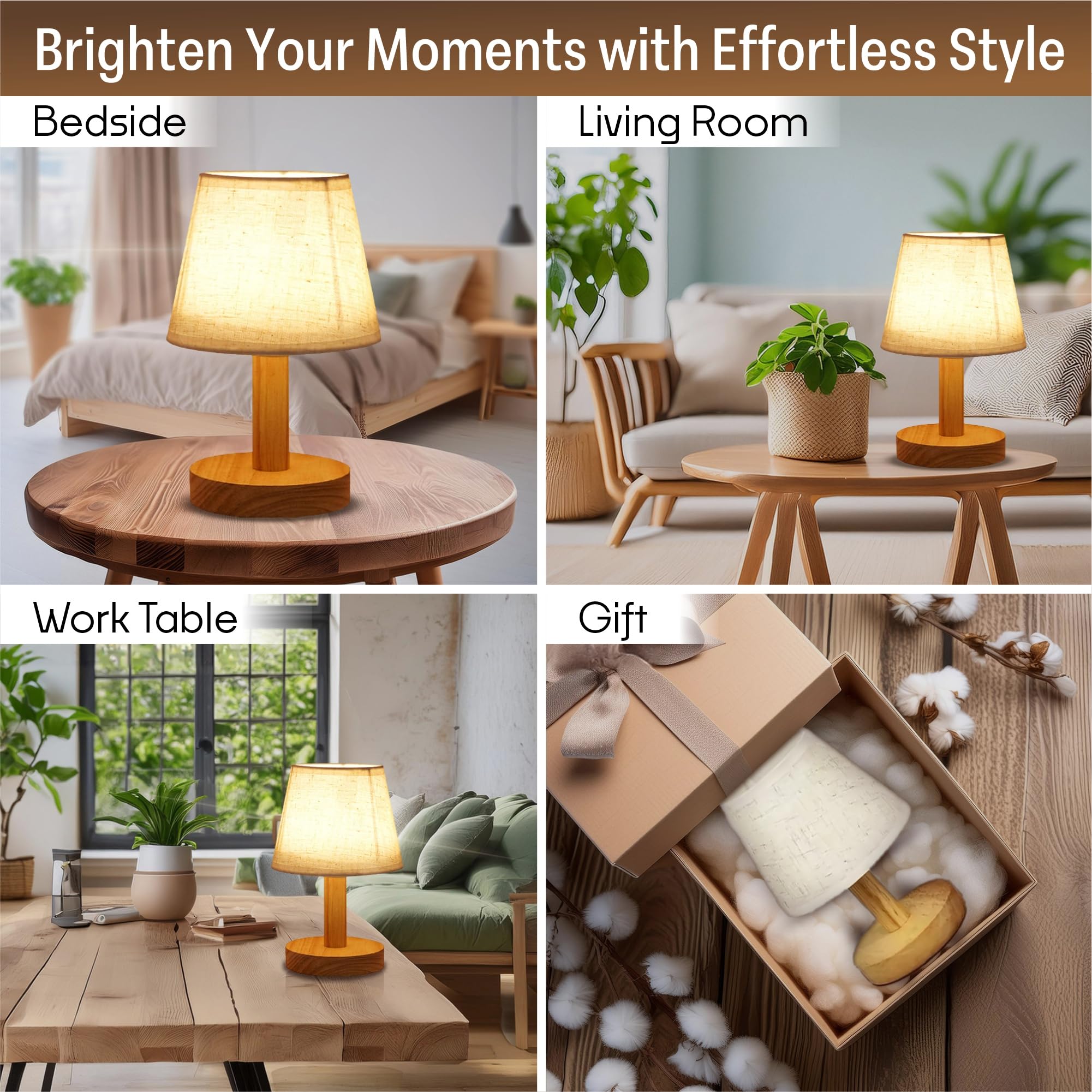 Kuber Industries Aesthetic Dimmable Bedroom Lamp for Side Table | Office & Desk Table Lamp for Living Room and Home Decor with Fabric Shade & Wooden Base | Natural Wooden Brown-TA-005 - Image 6 thumbnail
