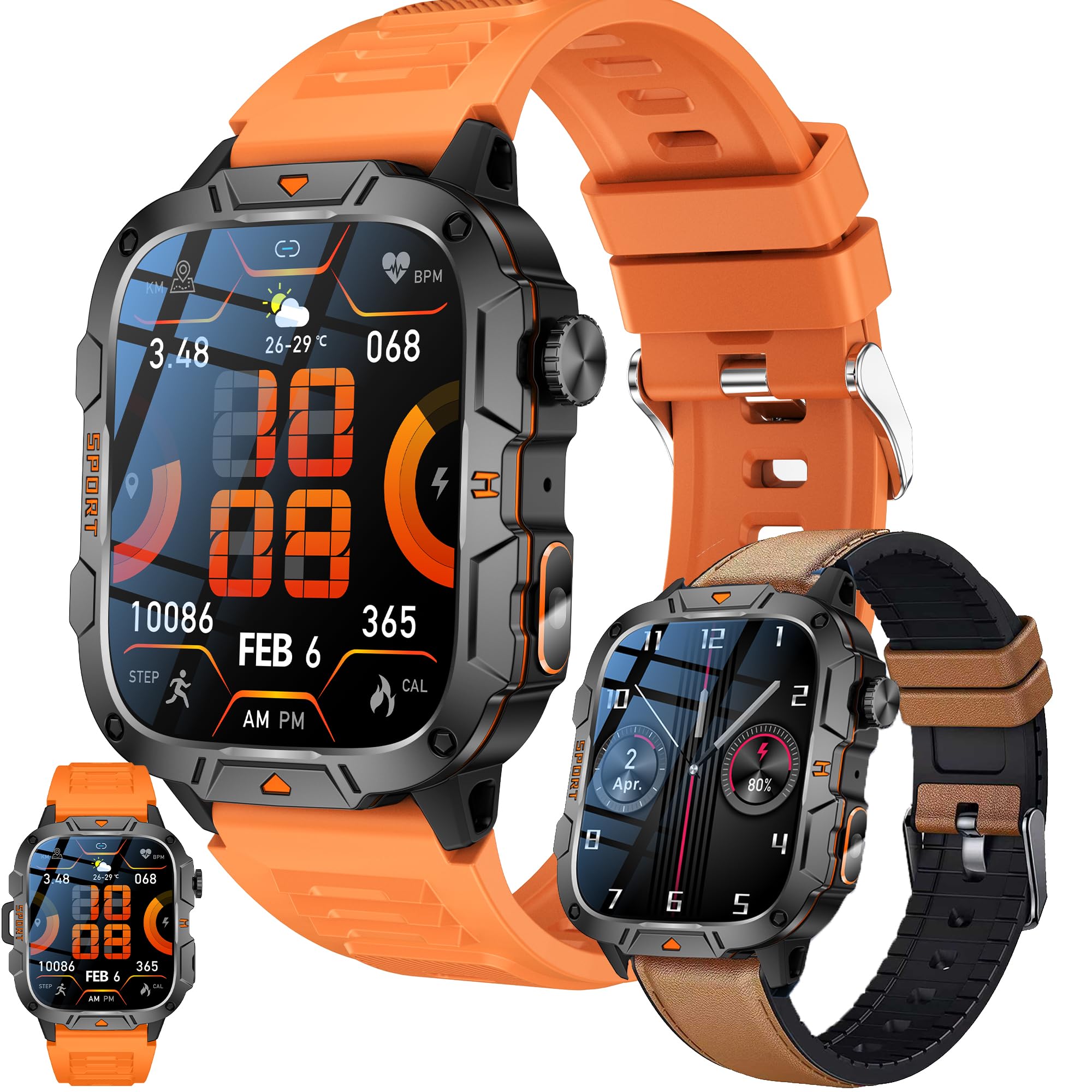 1,96" AMOLED Smartwatch Herren mit Telefonfunktion, Taschenlampe, Sportuhr mit Bluetooth Anrufe mit Schrittzähler, 5ATM Wasserdicht Smart Watch für iOS Android(2 Armbänder) (Orange)