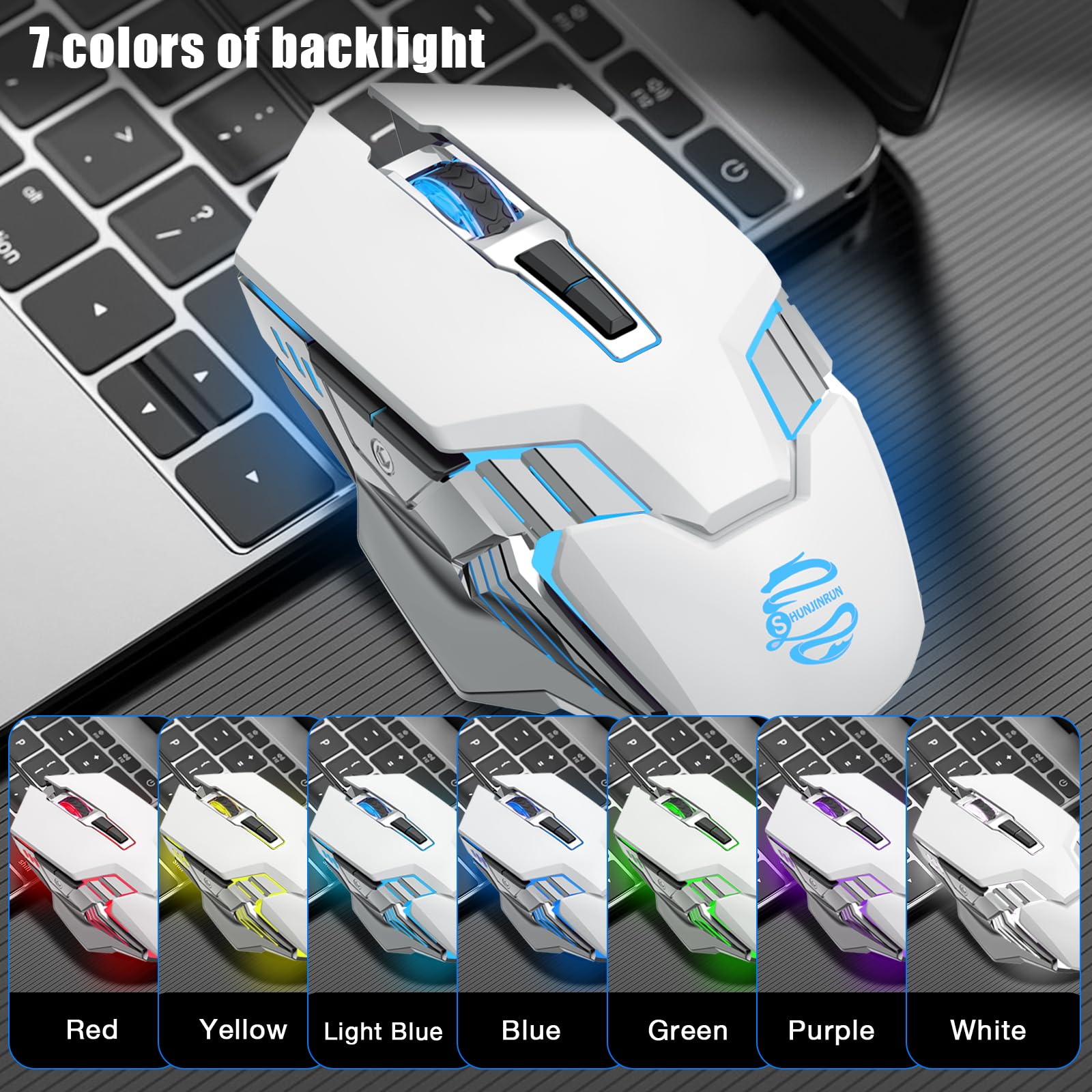 Souris de jeu sans fil blanche Bluetooth avec 3 modes (BT5.0 + BT3.0 + 2,4 GHz), rechargeable, rétroéclairage RVB, souris silencieuse pour ordinateur portable, PC, MacBook, iPad, tablette