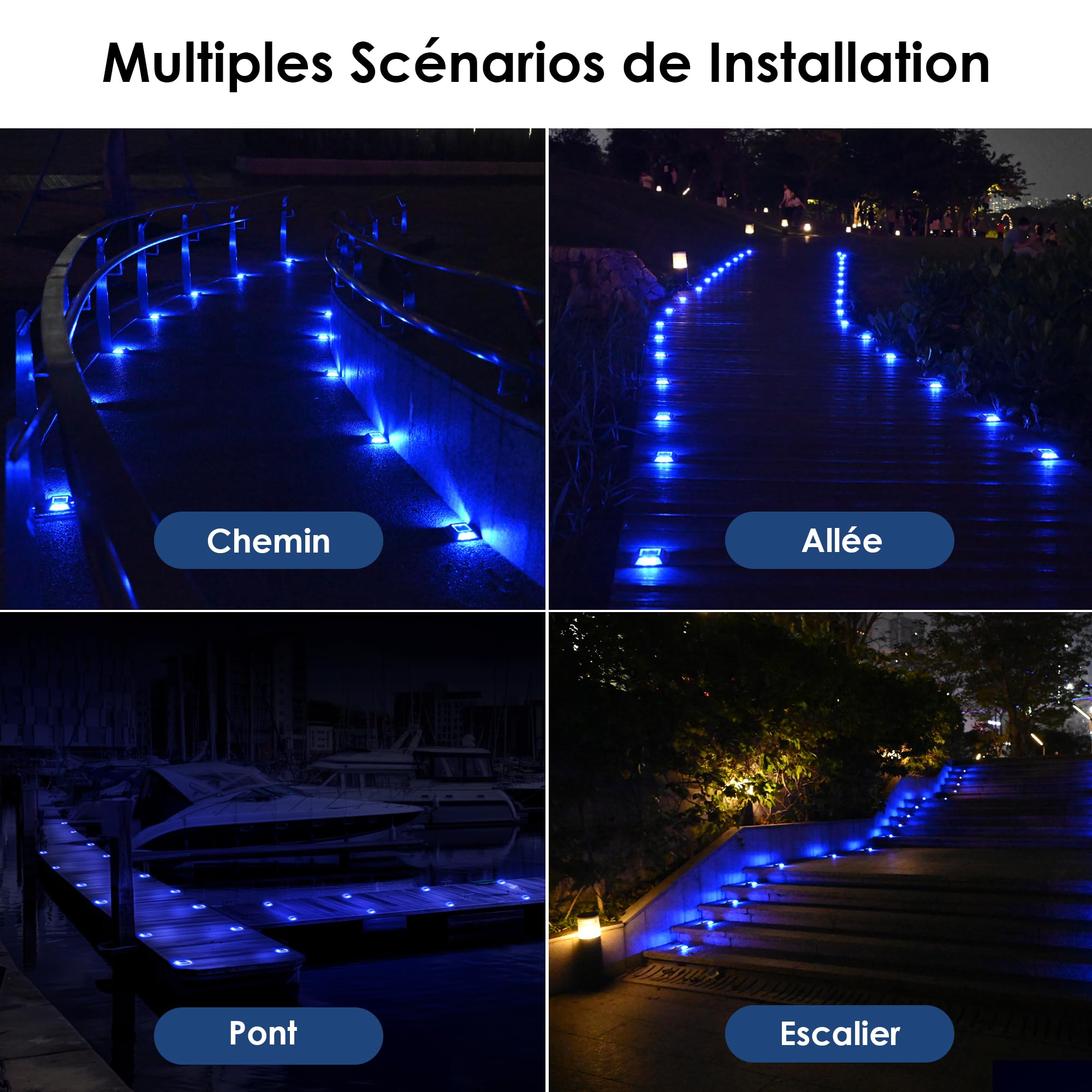 Éclairage pour Chemins Spot Solaire Exterieur Puissant IP68 Étanche 12 Articles Eclairage Escalier Exterieur Bleu Balise Solaire Exterieur Jardin 24LM pour Terrasse, Chemin, Piscine et Parc