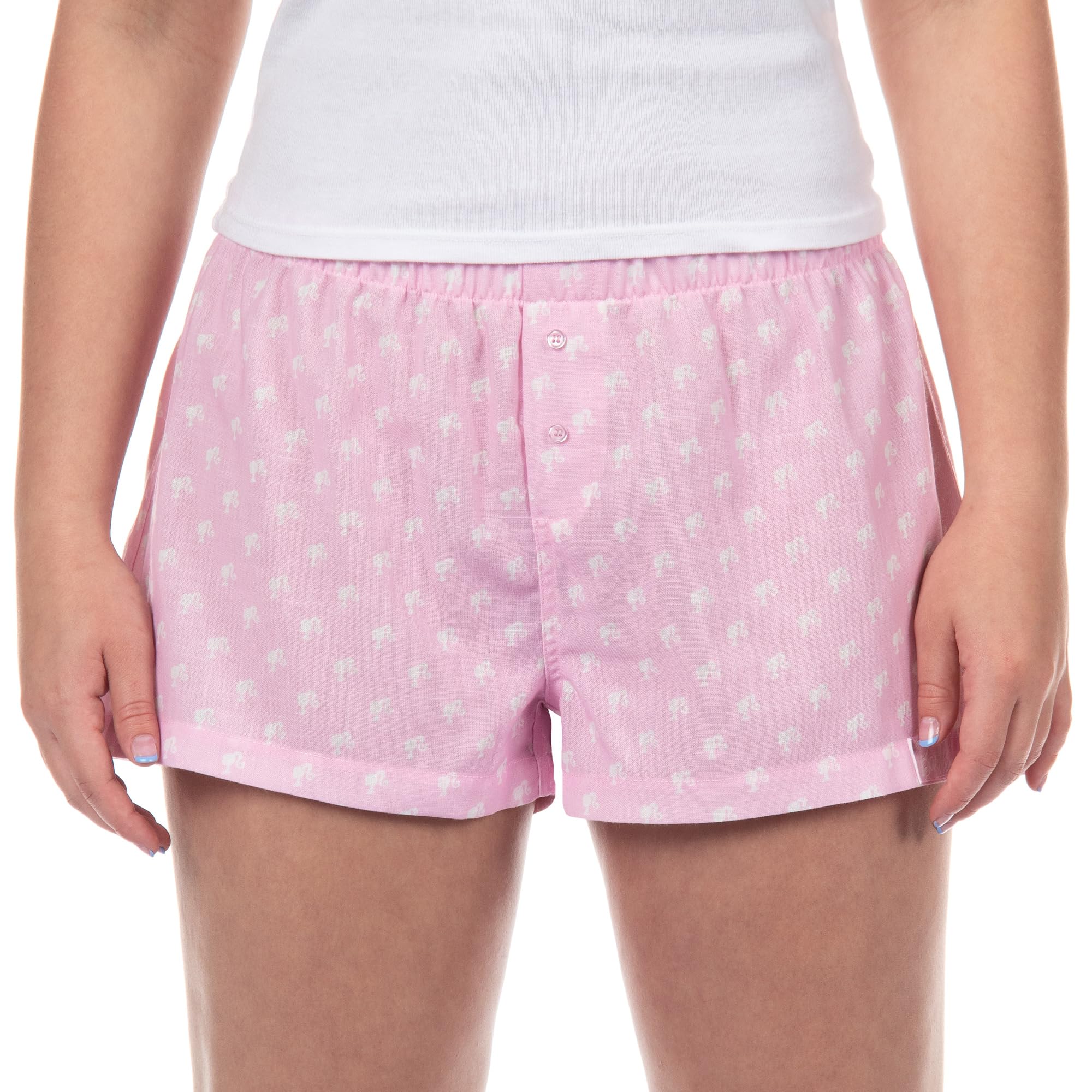Intimo Women's Pink Barbie Boxer Sleep Shorts Pajamas Allover Logo Design Lounge Pajama Micro Bottoms, Medium