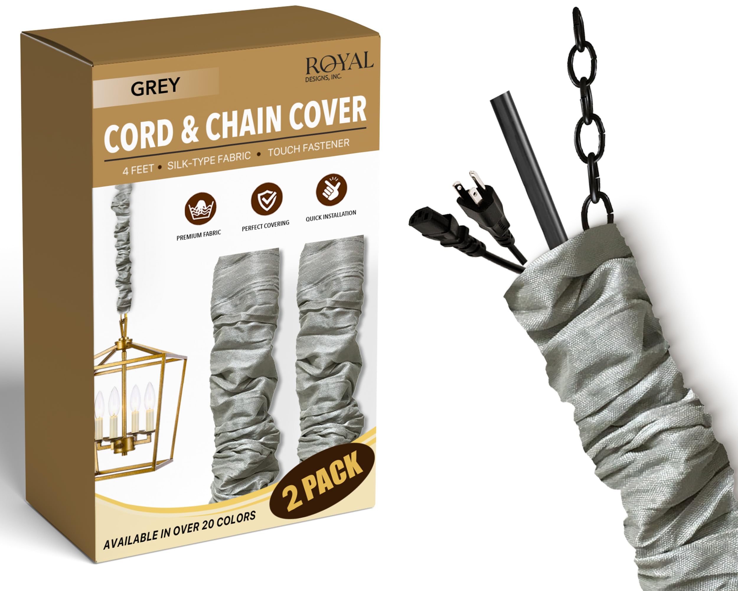 Royal Designs, Inc. Cord & Chain Cover 4 ft Silk Type Fabric, Chandelier Pendant Lighting Chain & Cable Management, Touch Fastener, Gray - 2 Pack