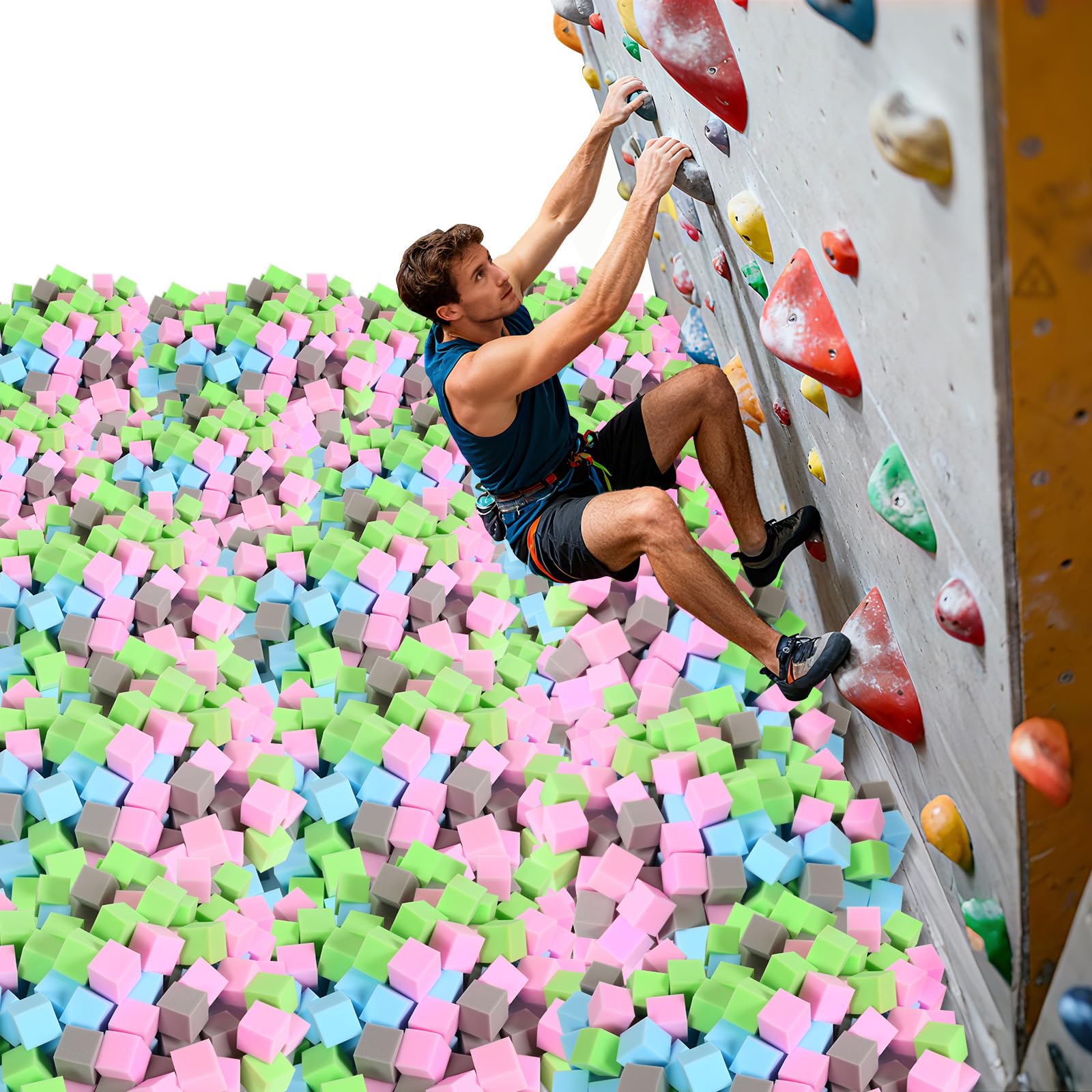 Foam Cube, 100 PCS of 3.15 x 3.15 x 3.15 Inch Soft Blocks, Gymnastics, Rock Climbing, Trampoline and Other Sports Cushion Pads, Indoor Park Foam Pit Filler - Four Colors（Blue/Green/Grey/Pink）