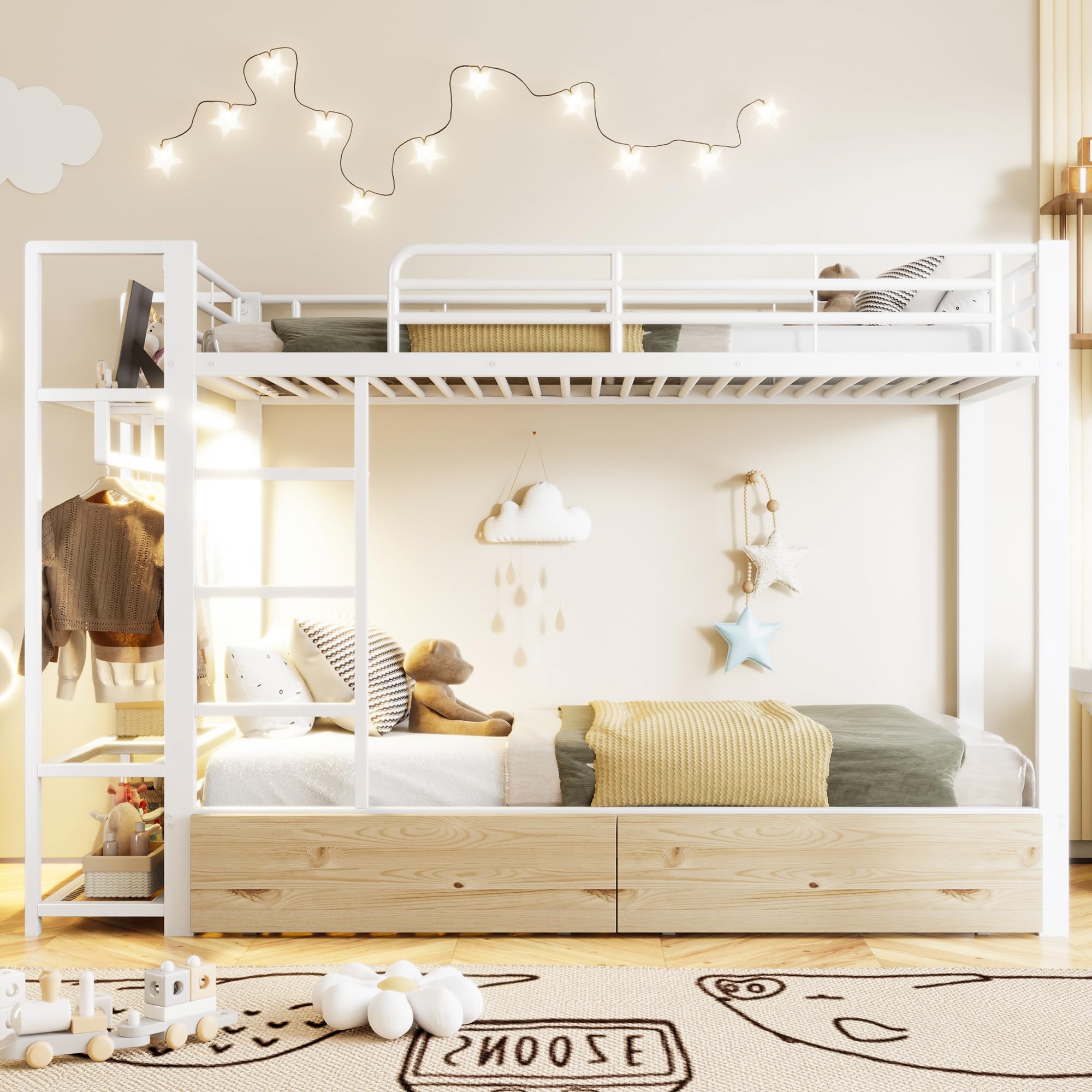 Letto a castello, 90 x 200 cm, telaio in ferro, 2 cassetti, più ripiani, con striscia luminosa a LED, con asta appendiabiti, materasso non incluso, bianco