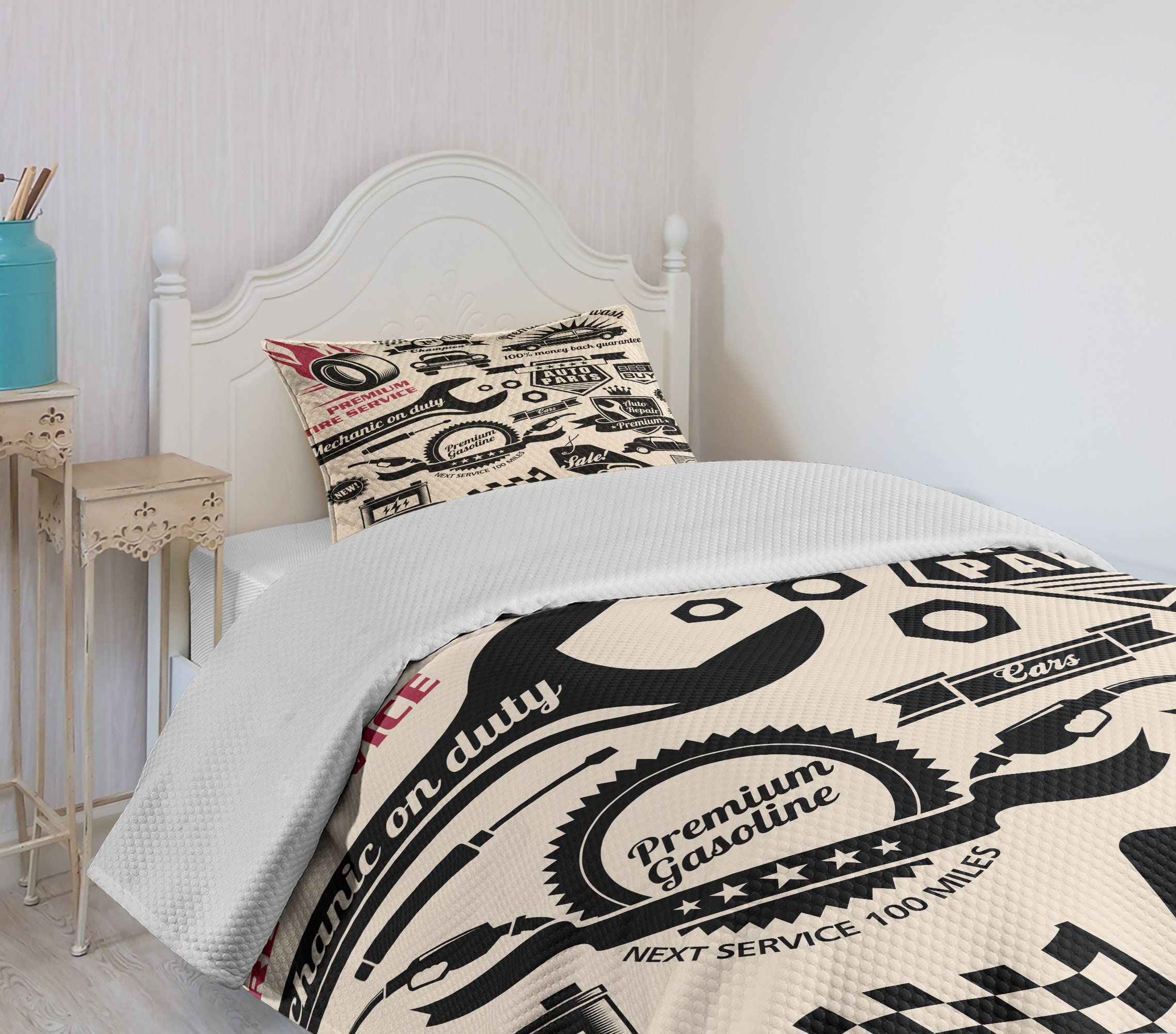 ベッドスプレッド新品未使用14444→13333→12888 Amazon.co.jp: Ambesonne レトロベッドスプレッド カー修理店ロゴ