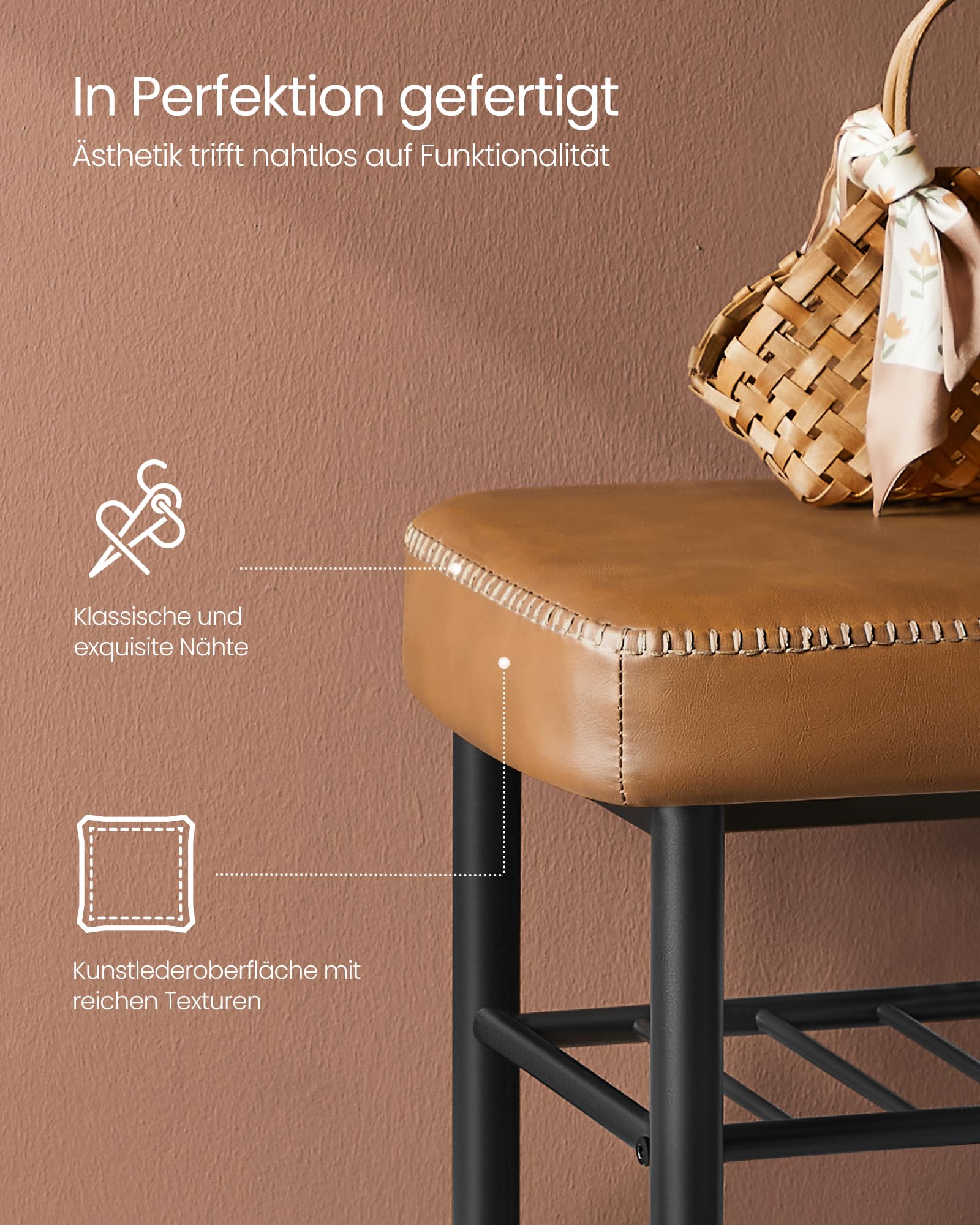 VASAGLE EKHO Kollektion - Schuhbank, Sitzbank, Sitztruhe, Eingangsbereich, Kunstleder, Nähte, Mid-Century-Modern-Stil, modern, bis 135 kg belastbar, 30 x 100 x 50 cm, karamellbraun LSB113K01
