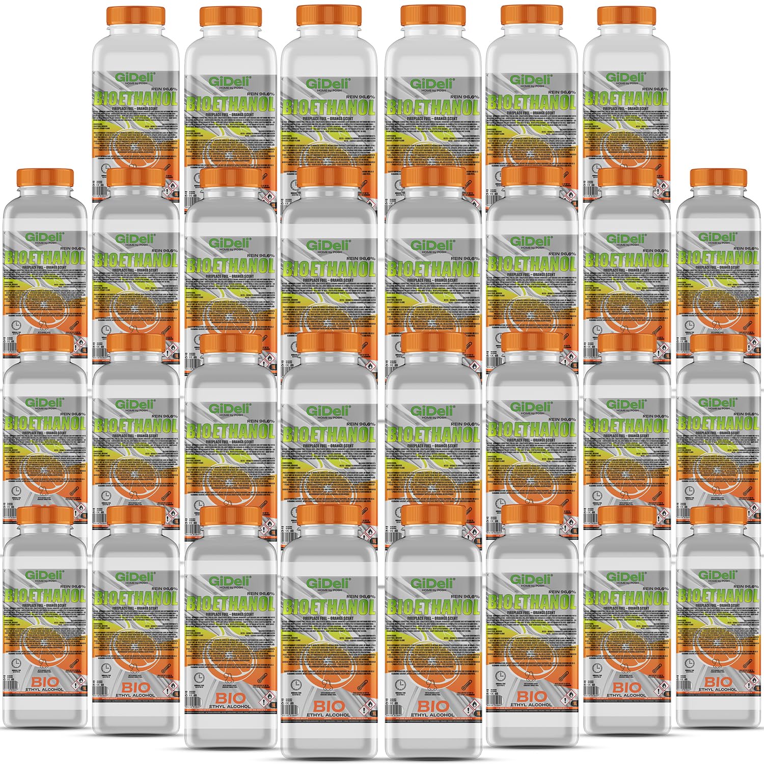 GiDeli Bioetanolo, 30 x 1 l, profumo d'arancia, 96,6% etanolo, per camini interni ed esterni, senza fumo e fuliggine, da mais e barbabietola da zucchero