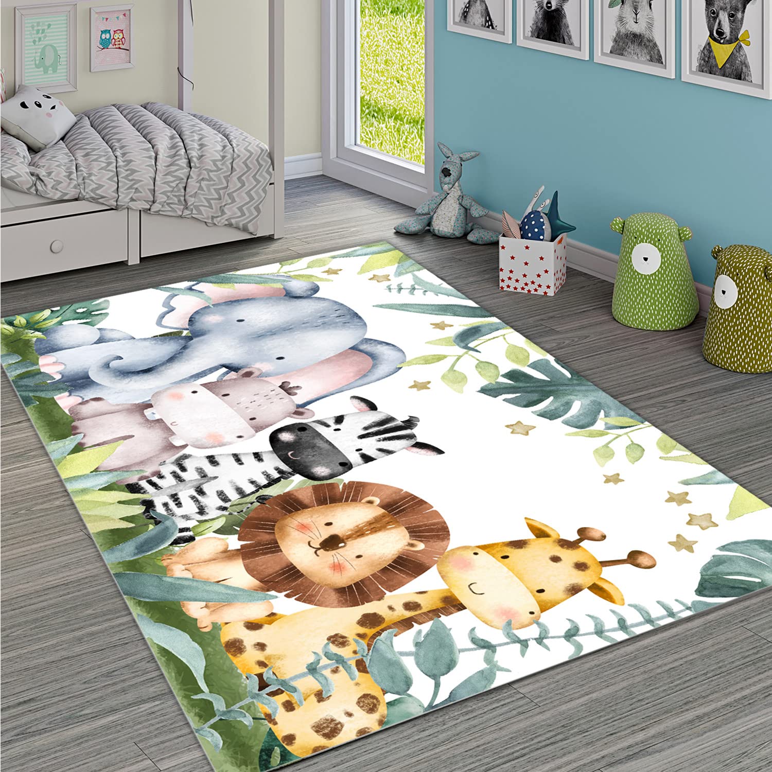 Giallobus - Alfombra - Animales de la Selva - Vinile - 60x40cm Rug - Diseño Moderno, Antideslizante, hipoalergénico, Lavable - Cocina, salón, Infantiles, baño