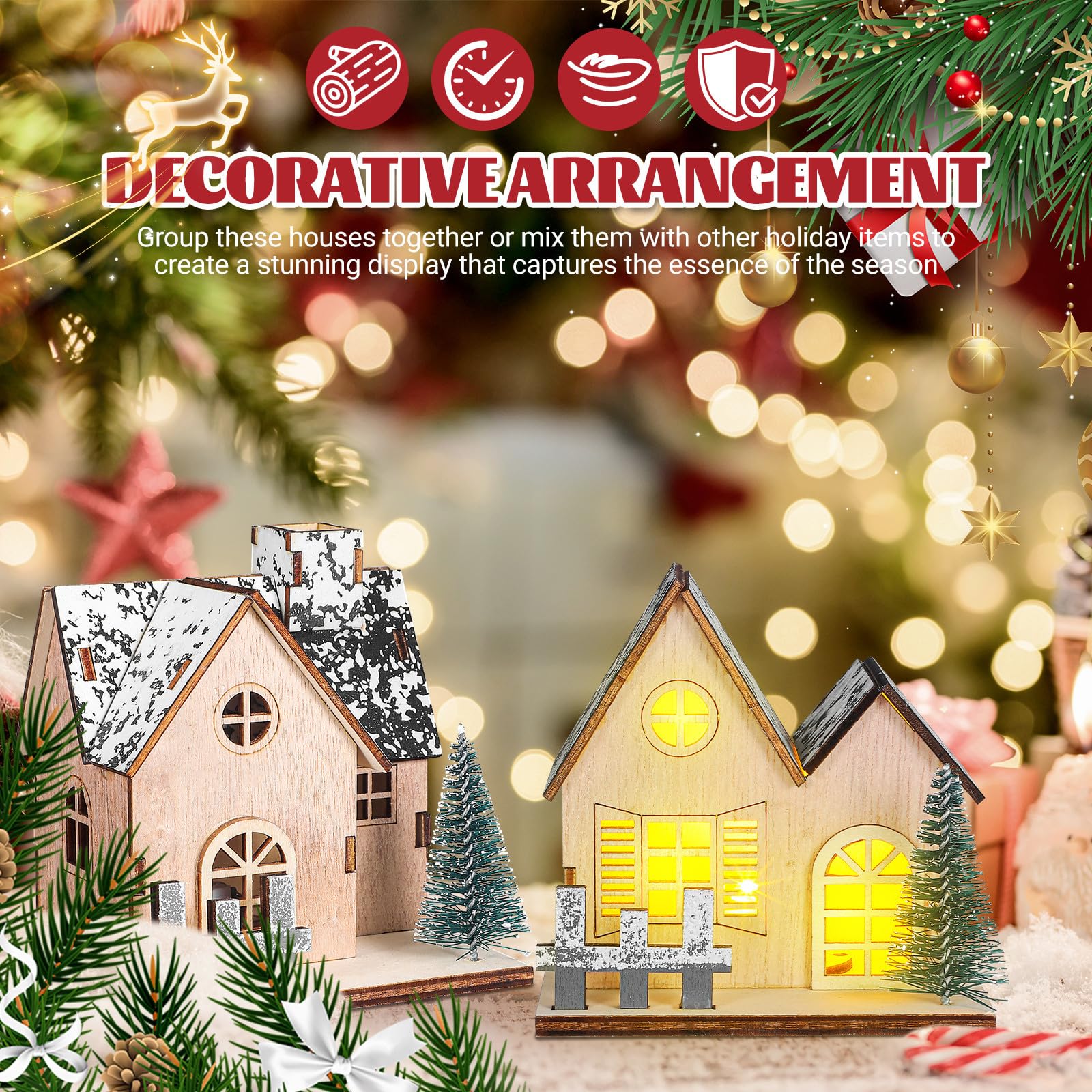 UPKOCH 3 Piezas Casas Iluminada Luces de Madera, Navideñas Led Pueblo de Decoración Rústica Festivas y Diseño Tradicional y Funcionalidad para Cenas Talleres Creativos