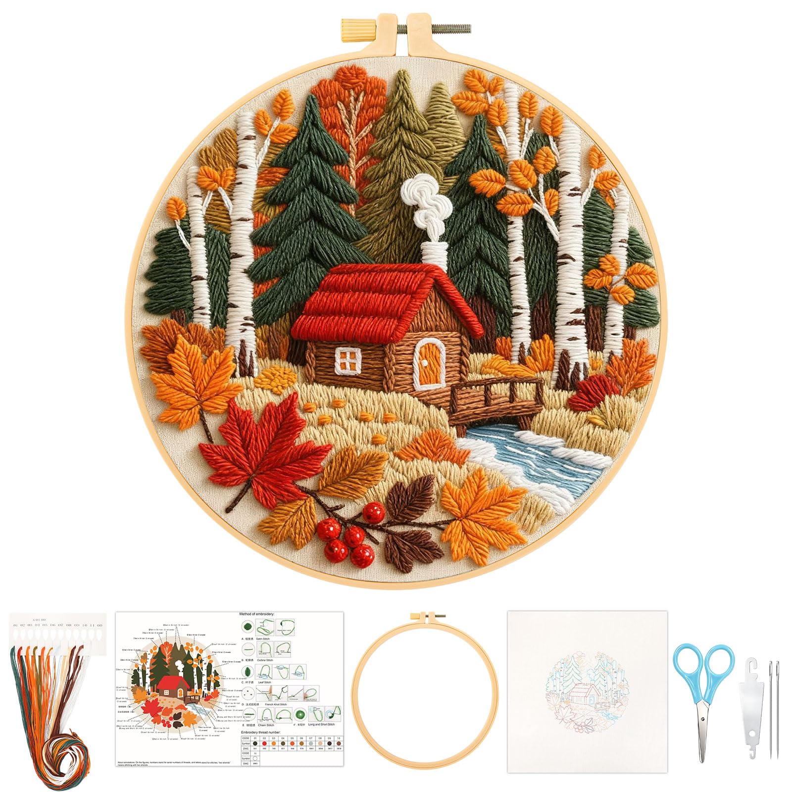 JSRQT Embroidery Kit, Autumn Fall Embroidery Starter Kit for Beginners