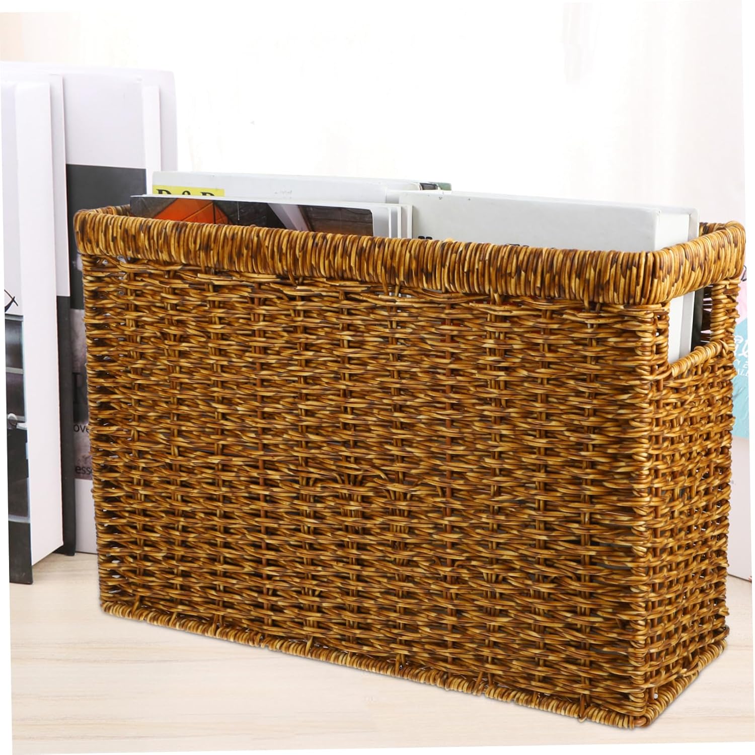 Amosfun Japanese Style Woven Storage Basket with Handle Decorative Organizer for Home and Office Medium Size Cotton Material for Sundries and Magazines