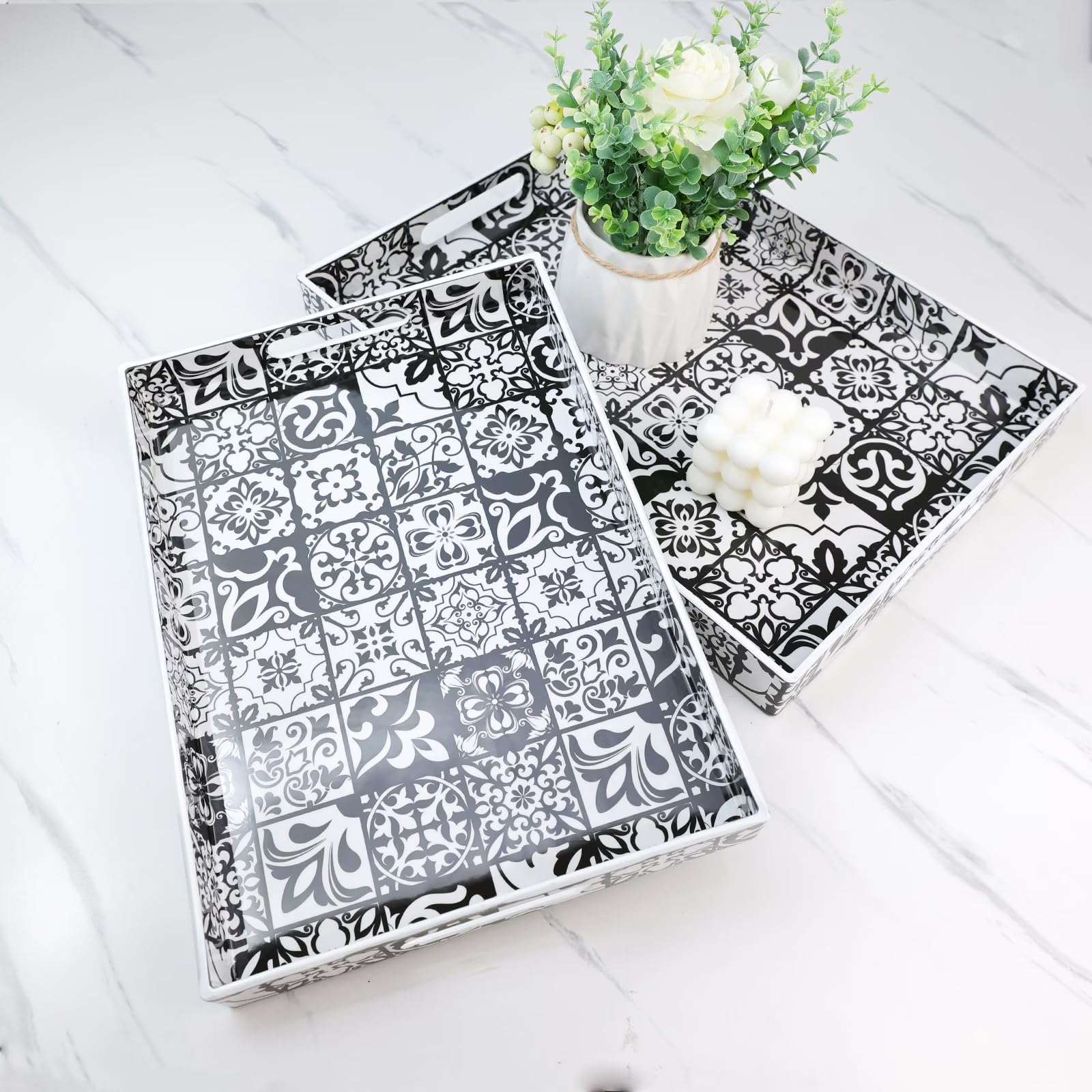 Spsyrine 2 Pack Decorative Plastic Serving Trays with Handles for Living Room, Coffee Table, Ottoman, Bathroom, Kitchen, Large 15.7�*11.8�*1.6", Small 13.7"*9.8", Colorful 5