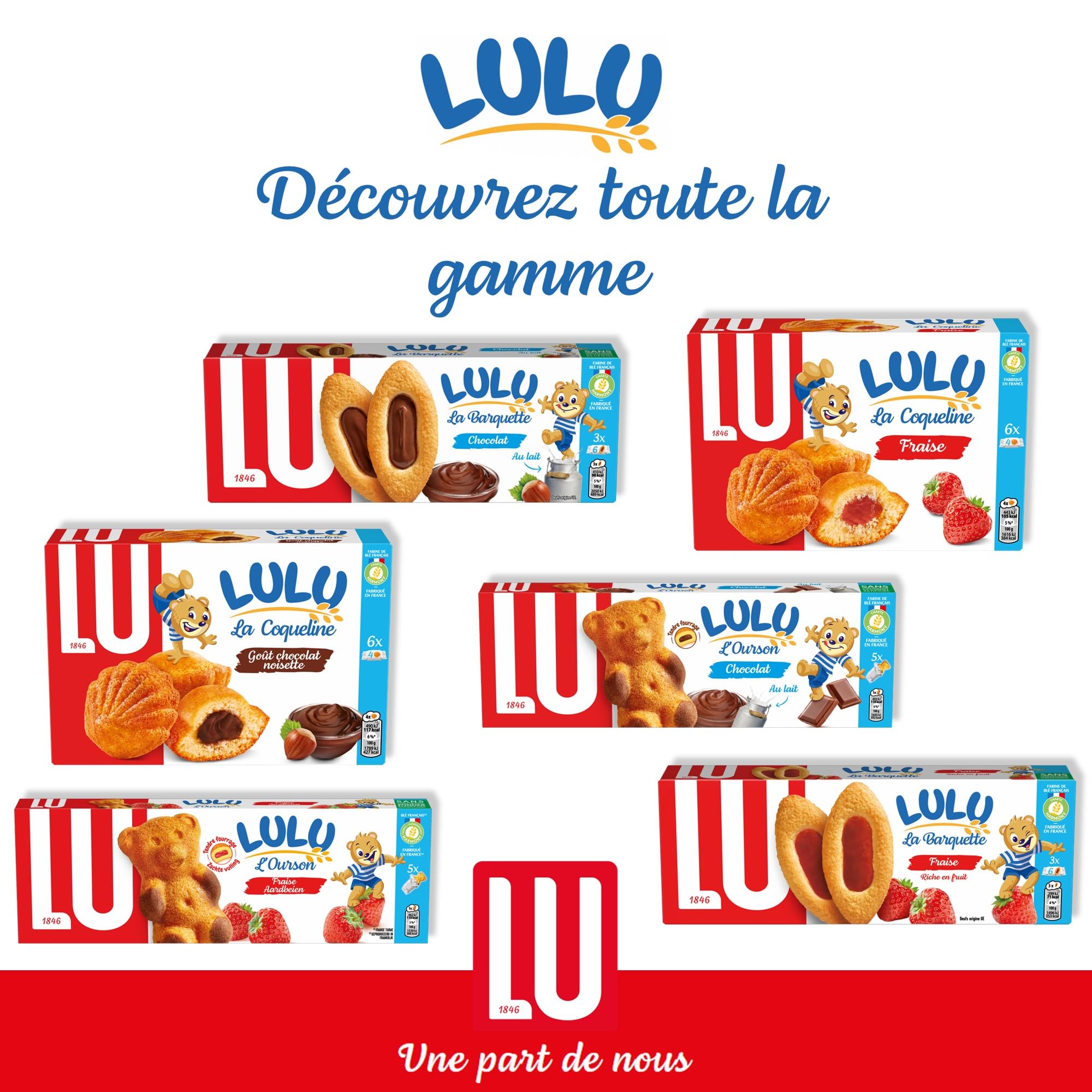 LU - LULU La Coqueline Fraise - 4 Boîtes de 6 sachets de 4 Gâteaux Lulu La Coqueline à la Fraise - Gâteau Moelleux Fourré à la Fraise - Idéal à Emporter pour le Goûter des Enfants - Lot de 4x165g
