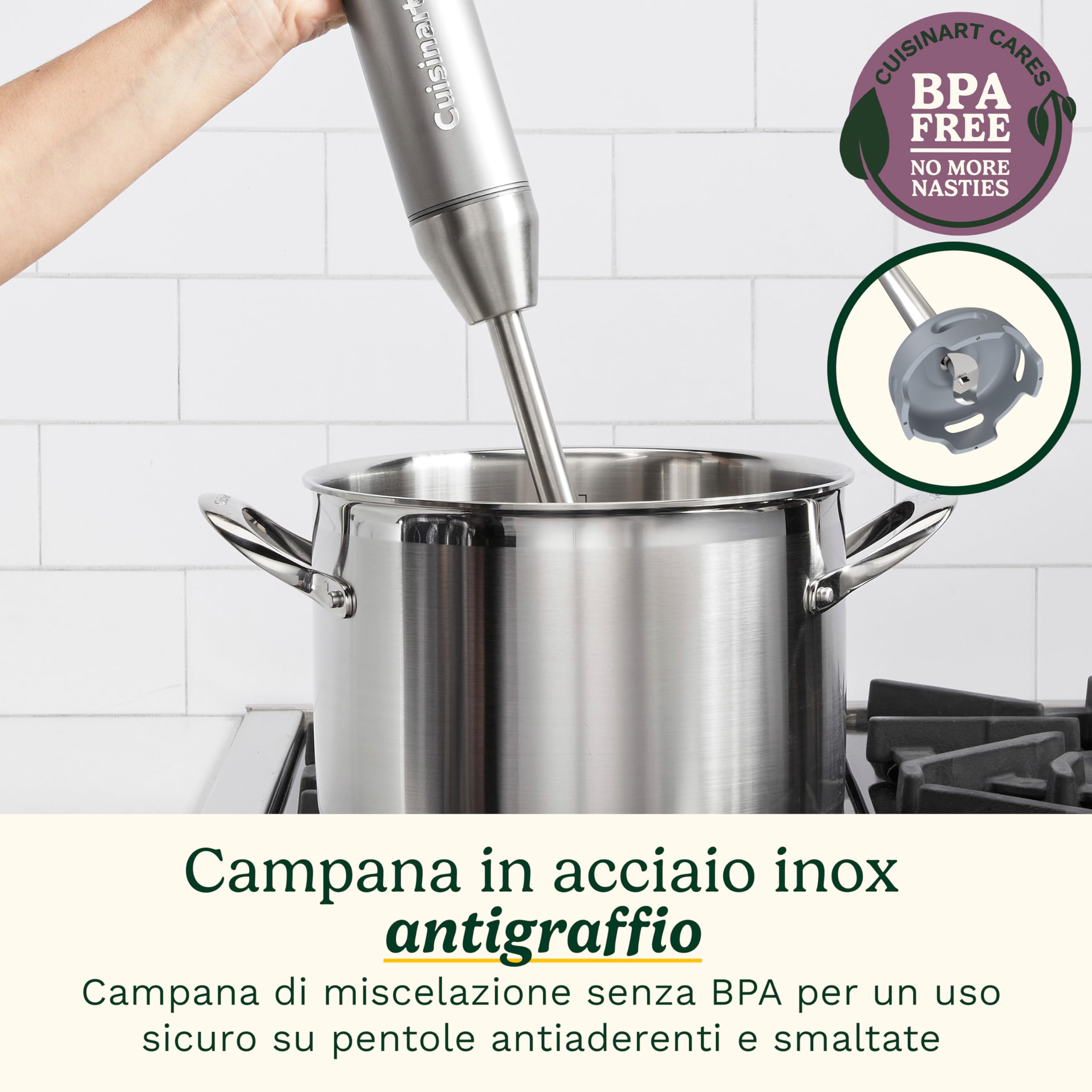Cuisinart Power Blend frullatore a immersione da 400 W con controllo di velocità variabile, lama inox, campana antigraffio BPA free, frusta, ciotola robot e contenitore Prep-and-Go inclusi