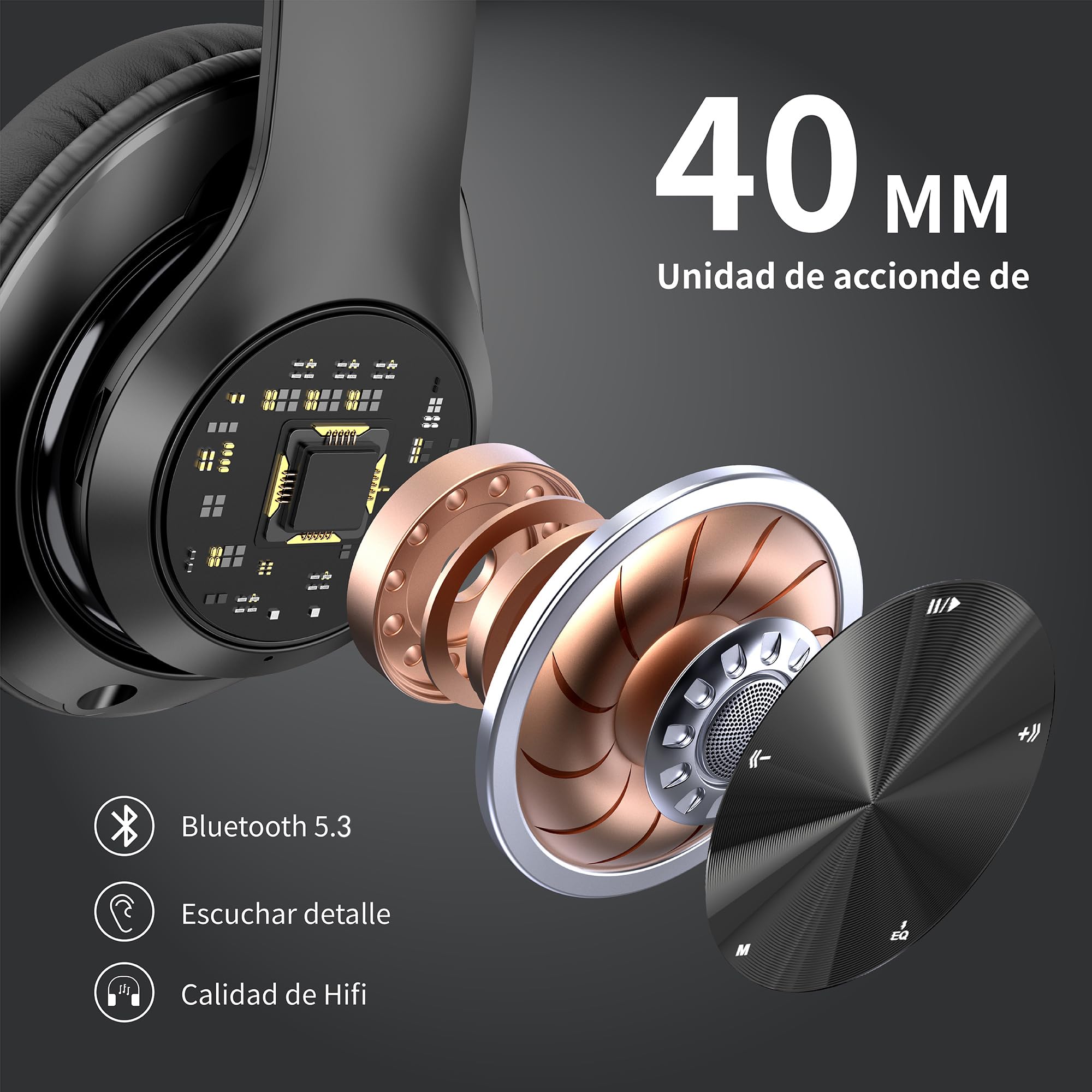 9S Auriculares Inalambricos Bluetooth Plegables, 60 Horas de Reproducción Cascos Inalambricos Bluetooth Diadema Estéreo HiFi con Micrófono, 6EQ Modos, Soporte Micro TF/FM, Para PC/TV/Fones (Negro)