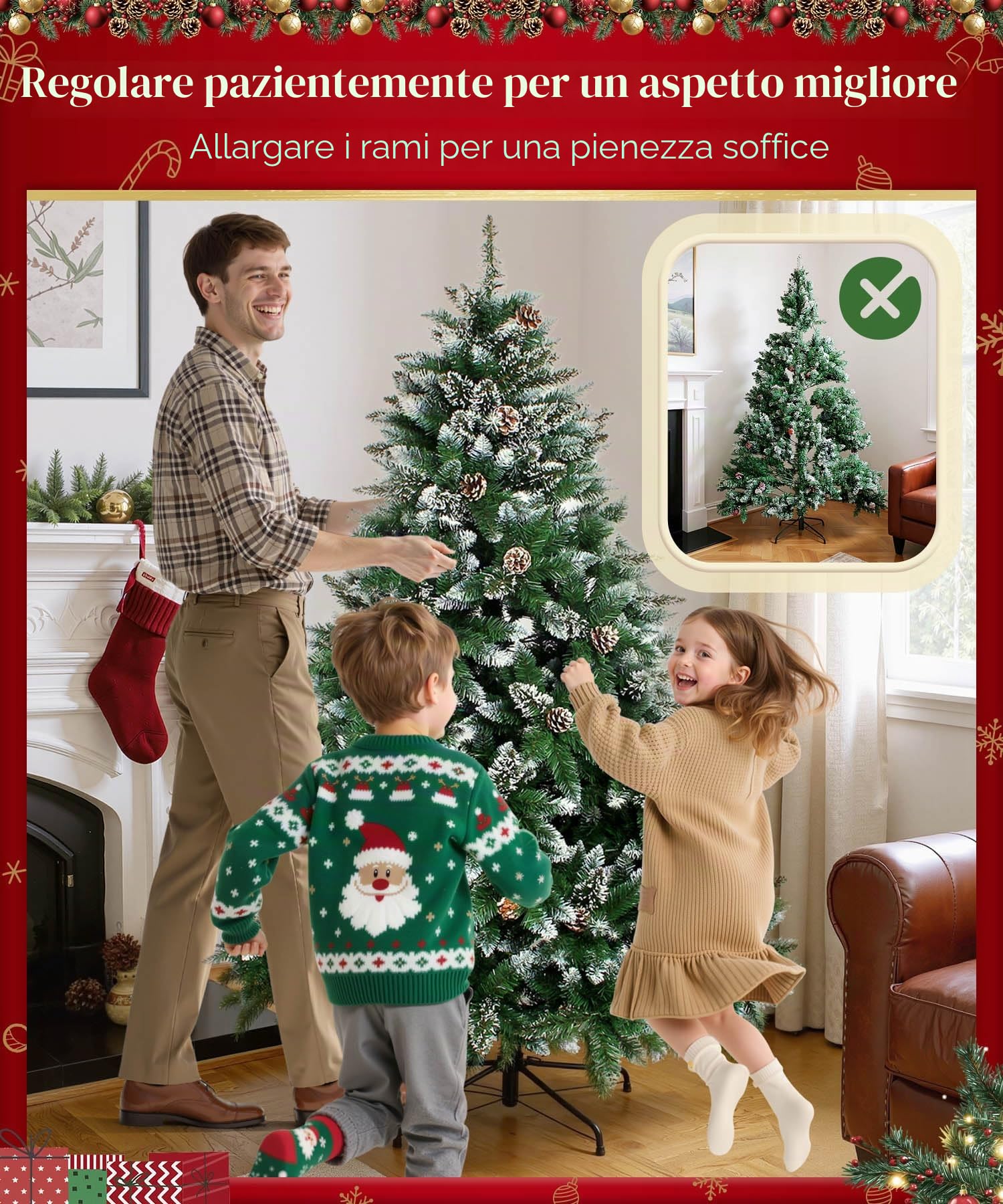 Yorbay Albero di Natale, Pino artificiale ricoperto da neve e decorato da pigne, Materiale PVC e PP e Ferro, Dimensione da 120 cm a 240 cm (180 cm) Riutilizzabile