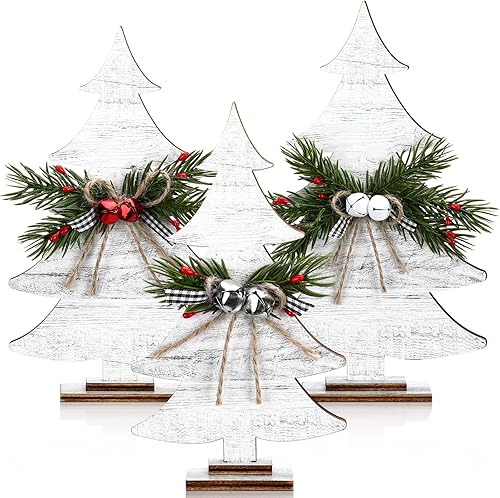 Huwena 3 letreros de mesa de madera de Navidad para mesa, decoración en forma de árbol de Navidad, árboles decorativos rústicos hechos a mano con