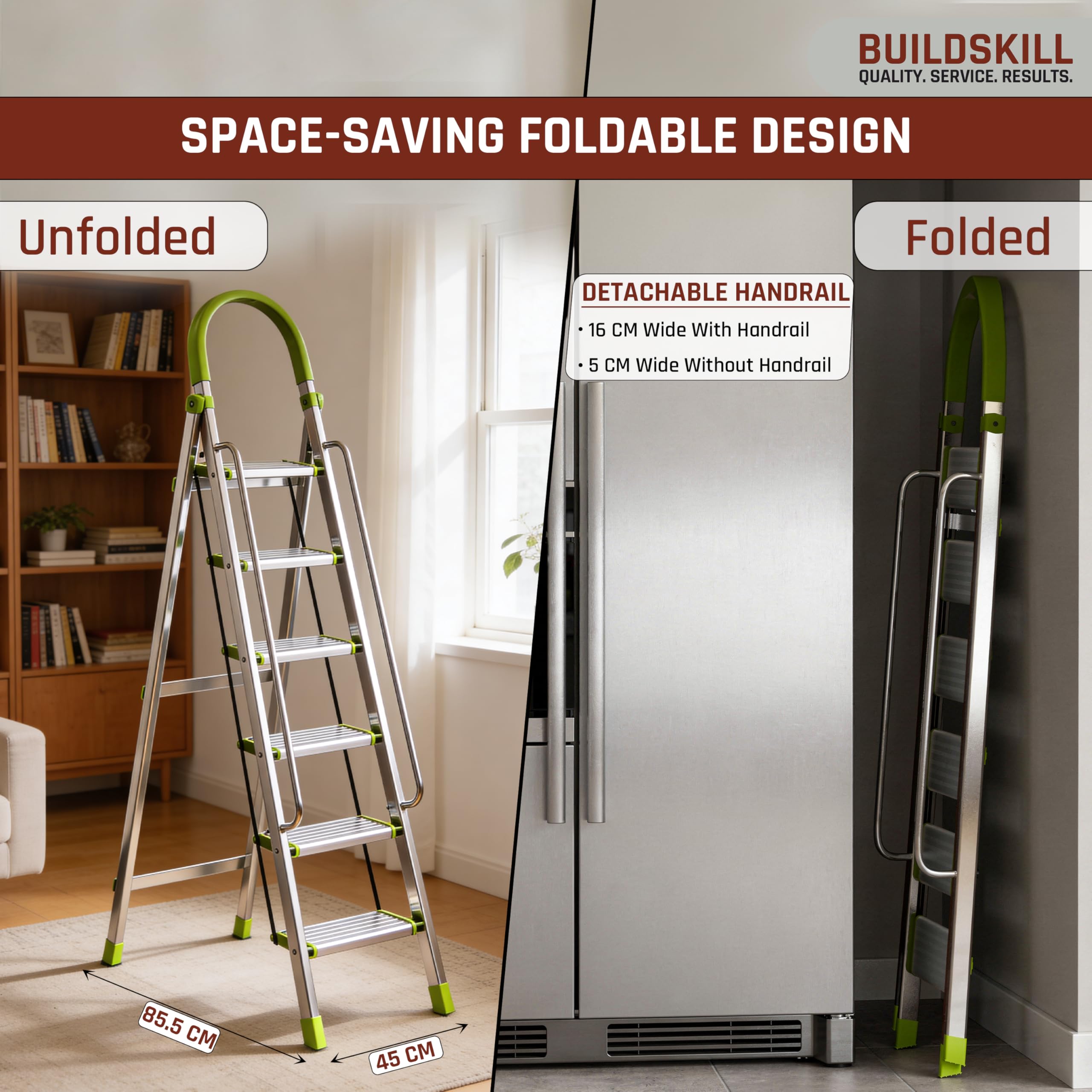 BUILDSKILL Aluminium Ladder for Home 6 Steps | 35x16cm Wide Anti-Slip Aluminium Steps | Stainless Steel Body | Handrails | Load 150 Kg| Foldable Lightweight 6.5KG Ladder for Kitchen, Office & Home — Amazon image 8