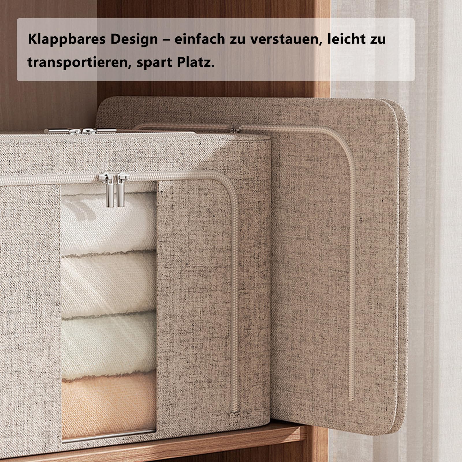 Aufbewahrungsboxen Kleidung 66L, Faltbar Mit Metallrahmen, Deckel, Sichtfenster, Stapelbar Für Kleiderschrank Und Schlafzimmer (4, Grau)