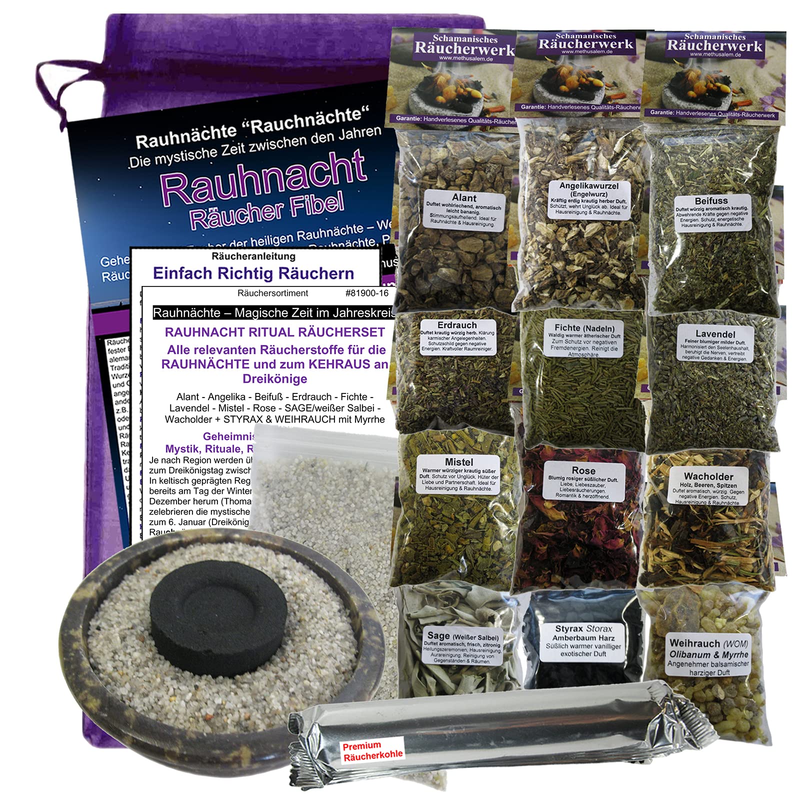 RAUHNÄCHTE Räuchern & Ausräuchern 19-TLG Ritualset 12x Räucherwerk für Jede Rauhnacht mit SAGE + WEIHRAUCH + MYRRHE + Styrax UVM. 7X ZUBEHÖR mit RÄUCHERSCHALE & Rauhnacht-Fibel. 81900-16B