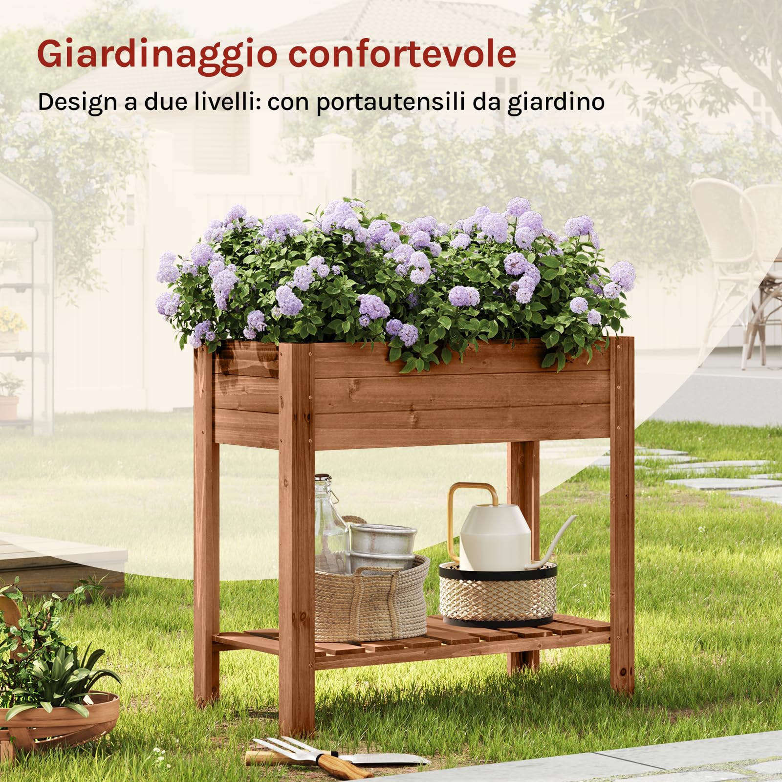 WOLTU Aiuola Rialzata in Legno 80x75x40 cm, con Vaso per Fiori, Ripiano e Rivestimento Idrorepellente, per Orto ed Erbe Aromatiche, adatta a Balcone, Giardino, Terrazzo ed Esterni, Marrone