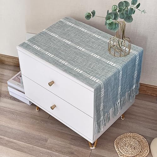 Miniatura 8 de Camino de mesa rústico de lino pequeño de arpillera estilo rústico a rayas, camino de mesa corto marfil con borlas de mano para comedor, tocador de