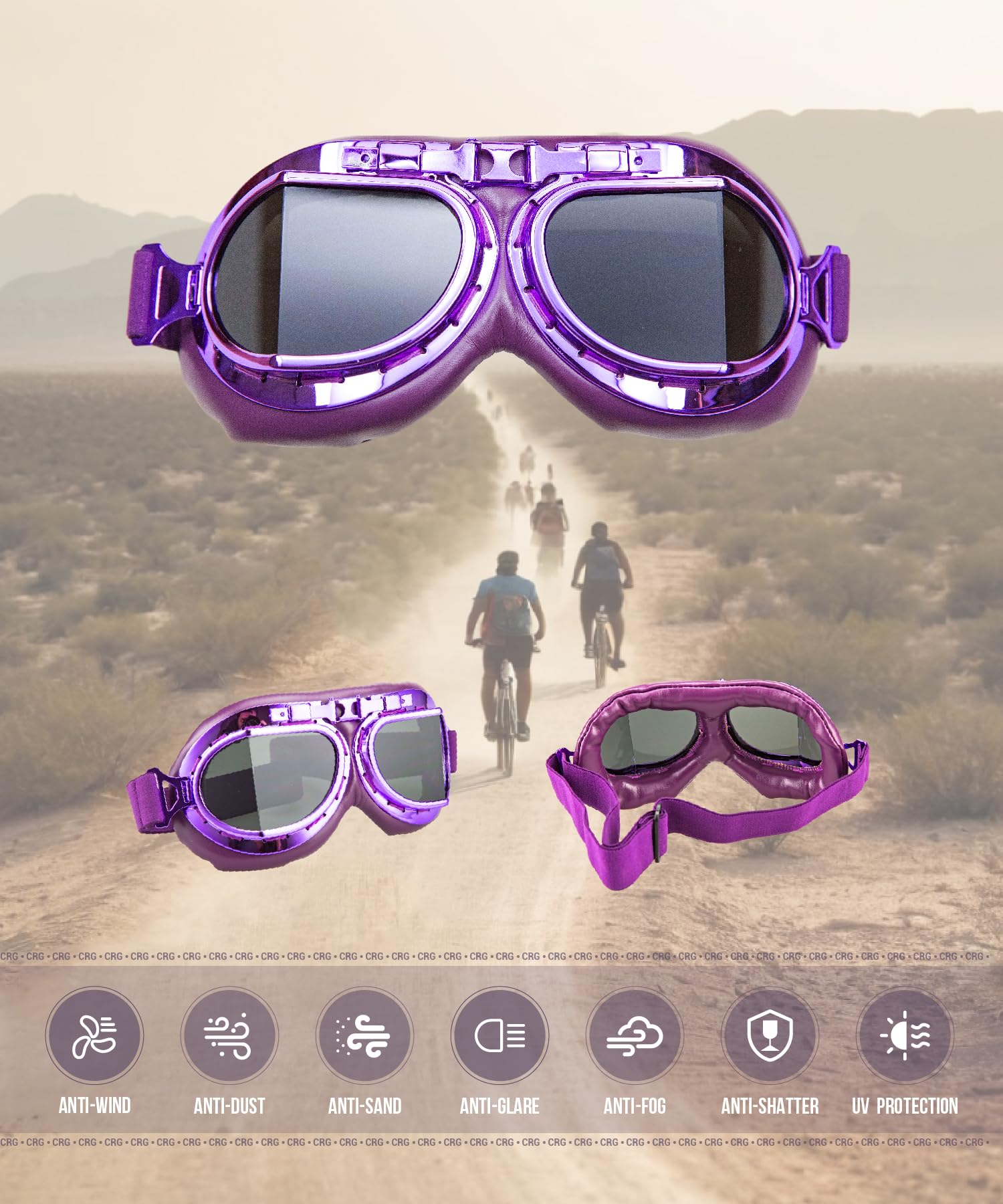CRG Sports Vintage Aviator Pilot Style Motorcycle Cruiser Scooter Goggle T08 T08ZTZ - Parent (Purple frame Tint lens)