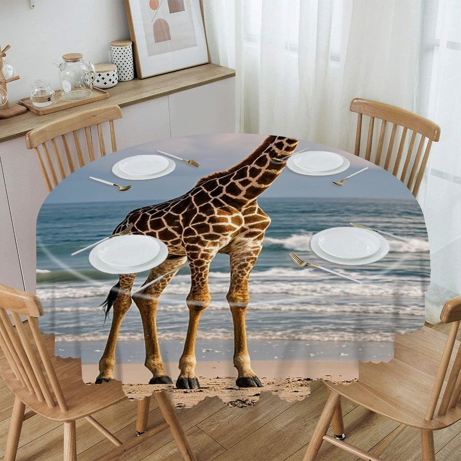 LZQPOEAS Giraffe on The Beach Round Tablecloth Rustic Circle Table Cloth Wrinkle Resistant Decor Tablecloth Waterproof Washable Table Cover for Kitchen Party Dining Table 60 Inch
