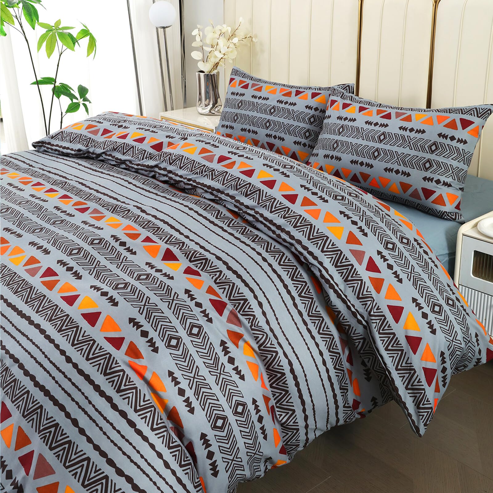 DECODEKO Juego Funda Nórdica 4 Piezas para Cama 150 - Funda Nordica 240x220cm, Bajera 150x200cm, 2 Fundas Almohada 50x75cm, Estampado Geométrico Gris, Microfibra Suave Transpirable