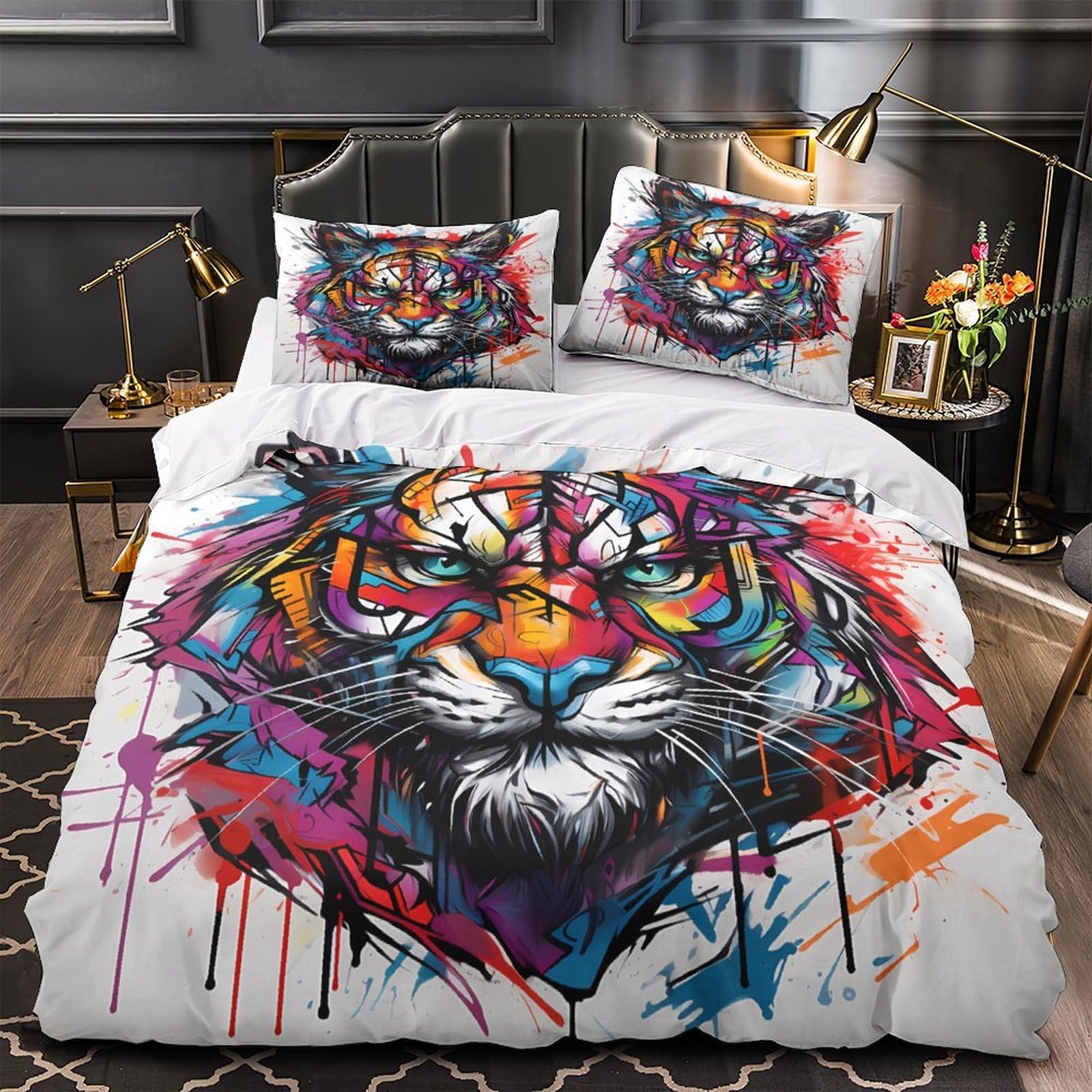 Vibrant Tiger Art Duvet Cover 3D Print Breathable 3-Piece Bed Set Hidden Zipper Comforter Cover Luxury Wrinkle-Resistant for Teens Adults Kids Women Girls Boys Youth Single（135x200cm）