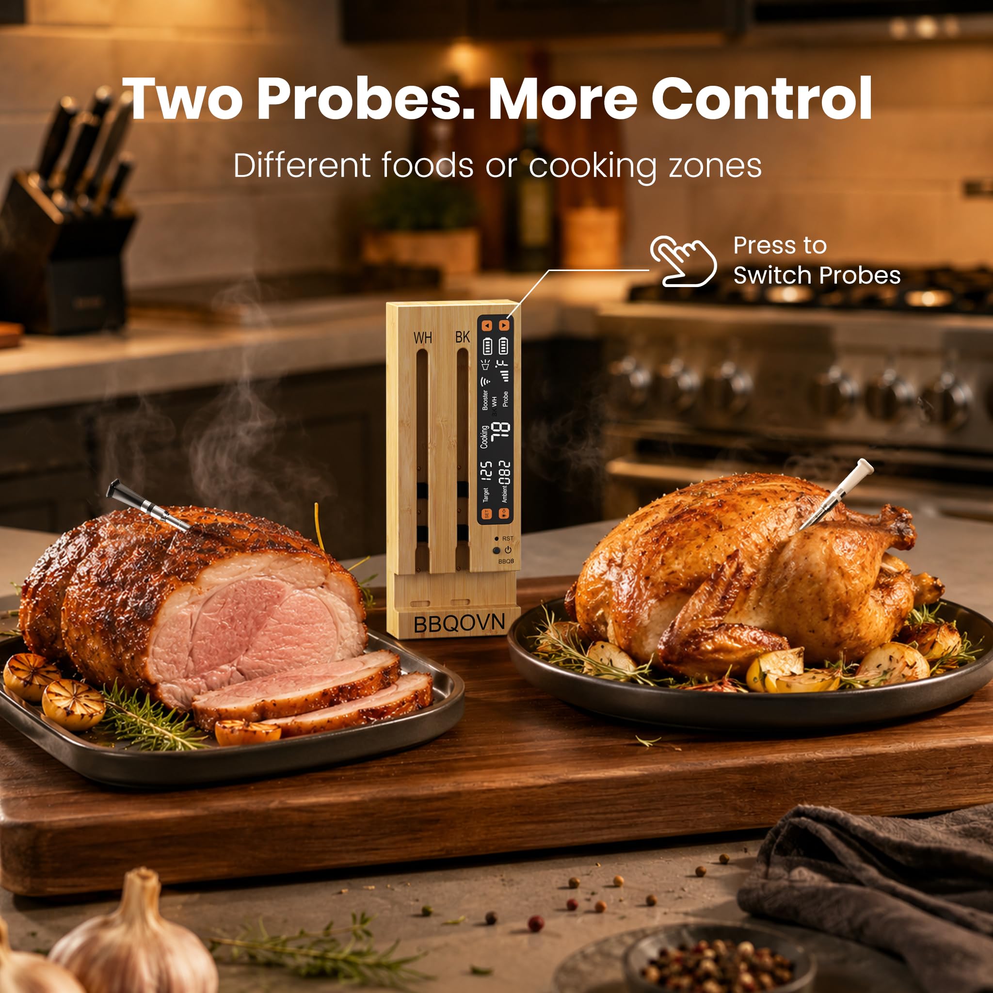BBQOVN Termómetro inalámbrico WiFi Sub-1G para carne, rango ilimitado, 7 sensores certificados NIST con temperatura ambiente, 2 formas de monitoreo de temperatura, base inteligente digital y