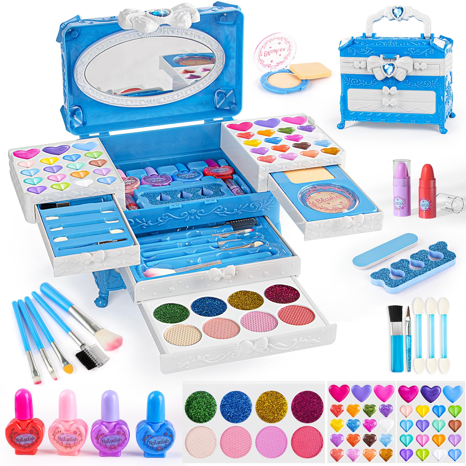 Kids Makeup Sets for Girls, 66pcs Real Cosmetic for Kids Toys with Mirror, Princess Washable Girls Makeup Kit, Non-Toxic & Safe Brithday Gifts for 3 4 5 6 7 8 10 - 12 Years Old（Blue）