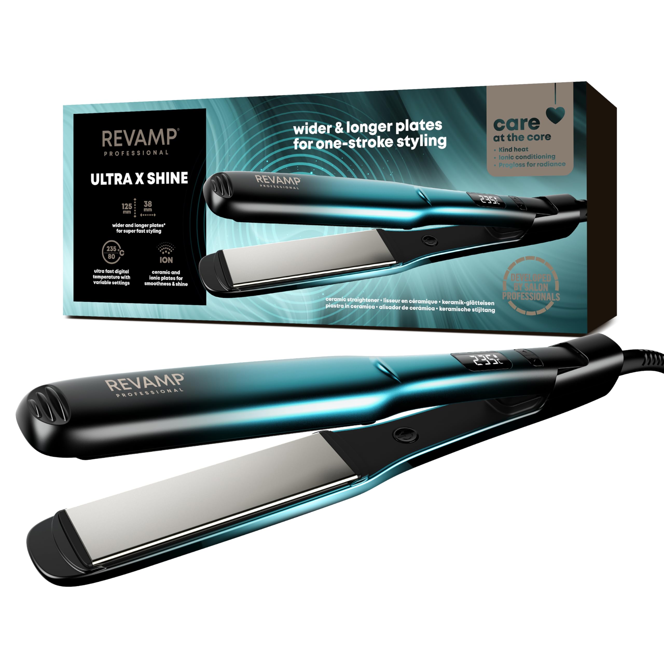REVAMP Progloss Ultra X Shine Piastra Ceramica - Piastra Larga | Stirare e Arricciare, Capelli Lunghi e Spessi, Riscaldamento Ultra Veloce, Professionale da Salone