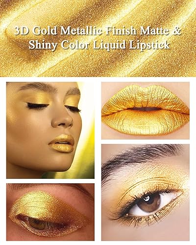 Miniatura 2 de Brillo labial líquido metálico amarillo dorado, 2 unidades, terciopelo mate, brillo dorado, alto pigmento que no se decolora, copa antiadherente de