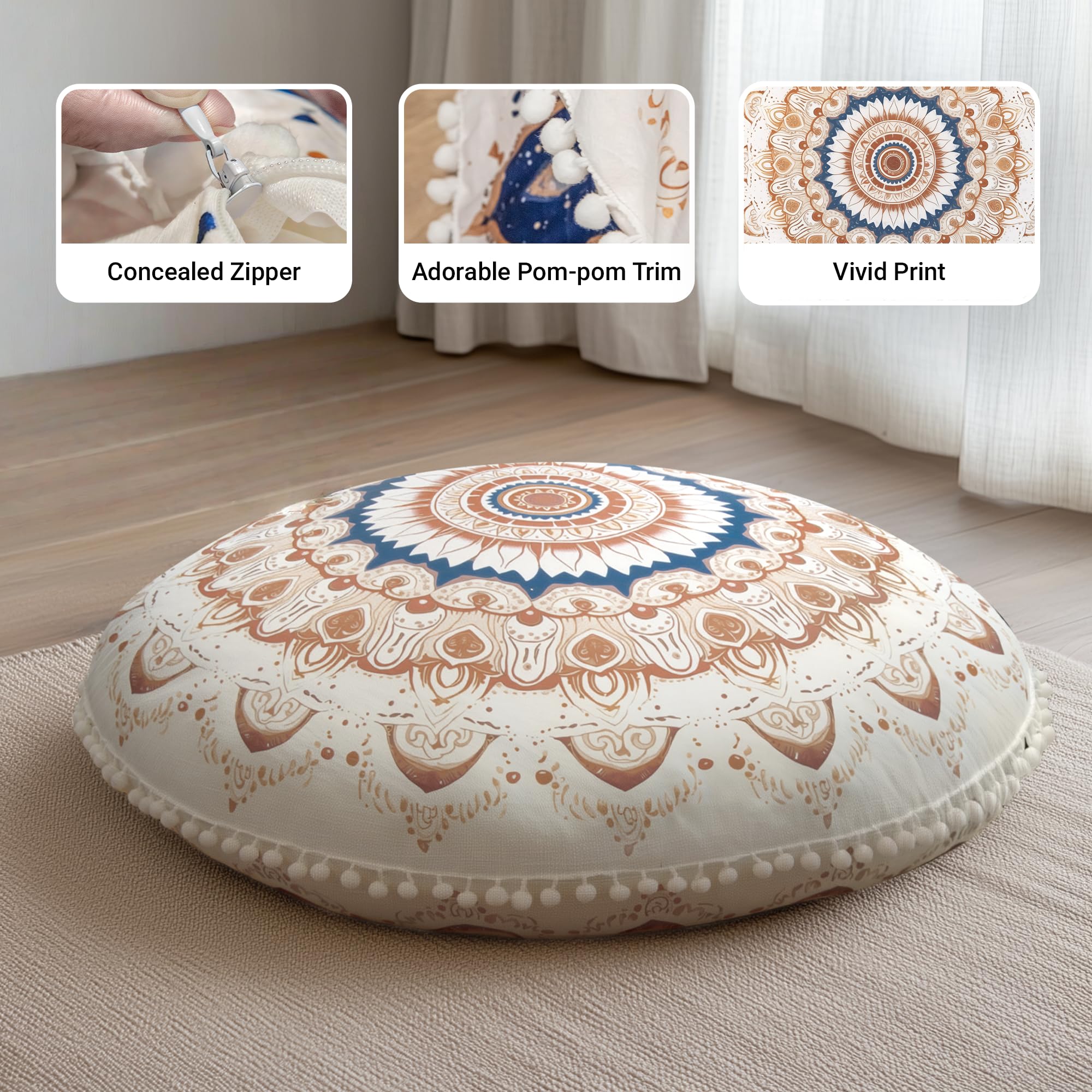 Cojín de Meditación Redondos, Almohada de Suelo con Funda Extraíble y Lavable, 80 cm Cojín de Yoga Ergonómico con Detalles de Pompones, Uso Interior/Exterior, marrón