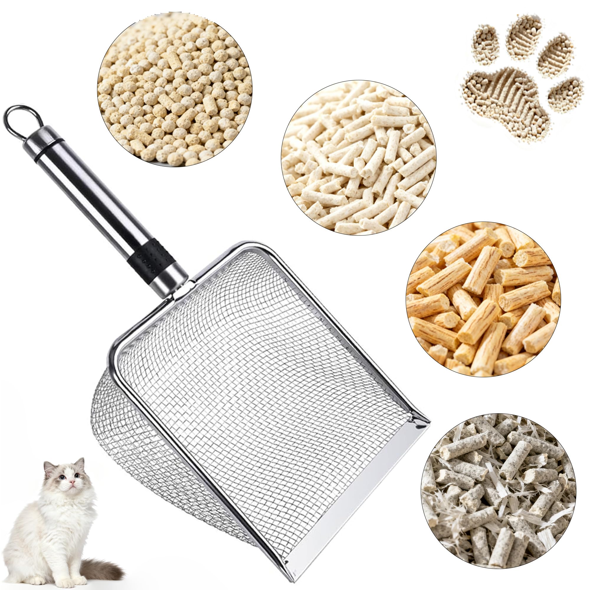 2-Pack Stainless Steel Cat Litter Scoop, 3.8mm Fine Mesh & 5mm Metal Scooper, 5.5-Inch Wide Deep Shovel, Long Handle, Rustproof Cat Poop Scooper for Clumping Litter, Multi-Pet & Beach Sand - image 3