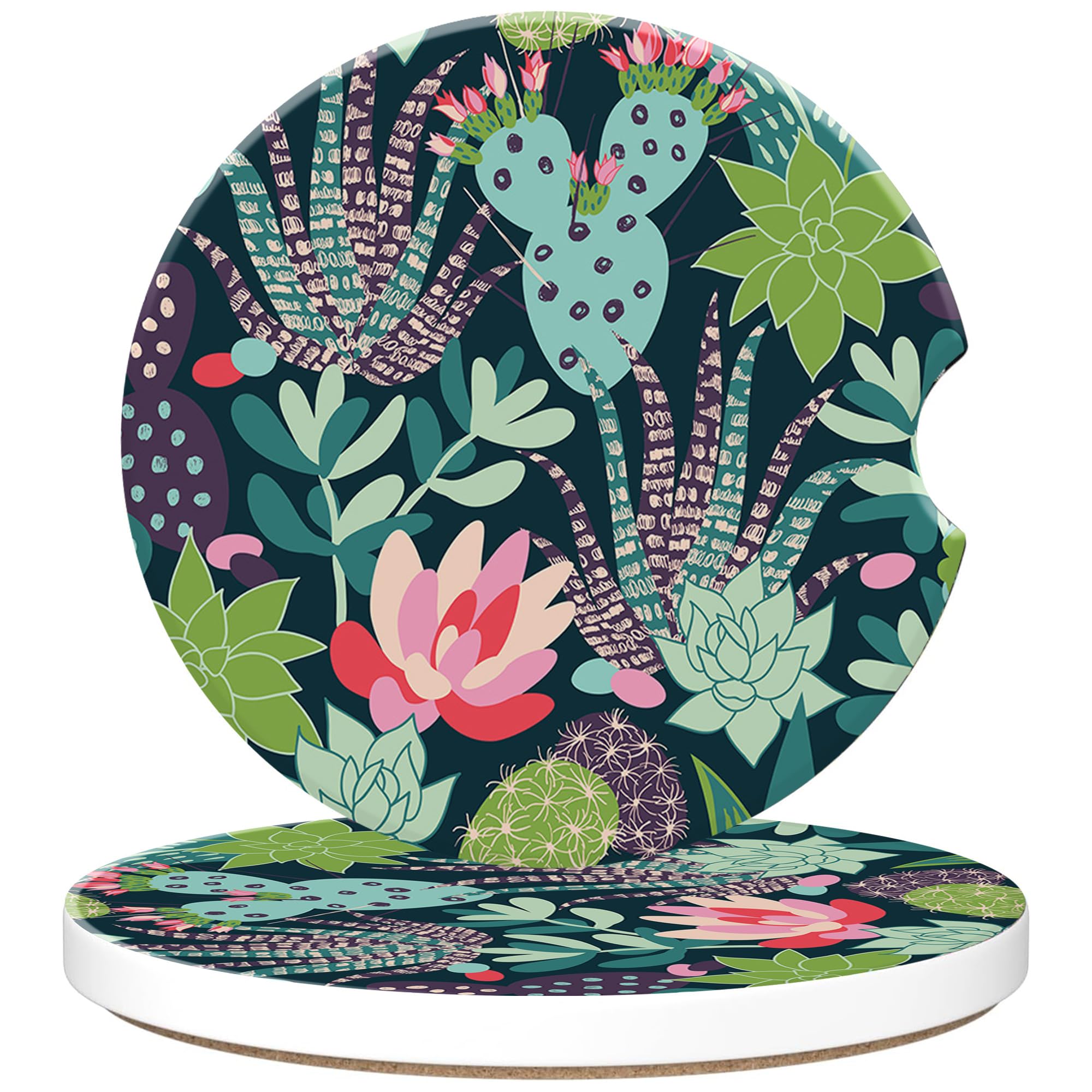 sndheke Car Cup Holder Coaster for Drinks, 2 Pack Car Coasters for Cup Holder, Succulents and Cactuses Anti-Slip Absorbent Ceramic Car Cup Coasters