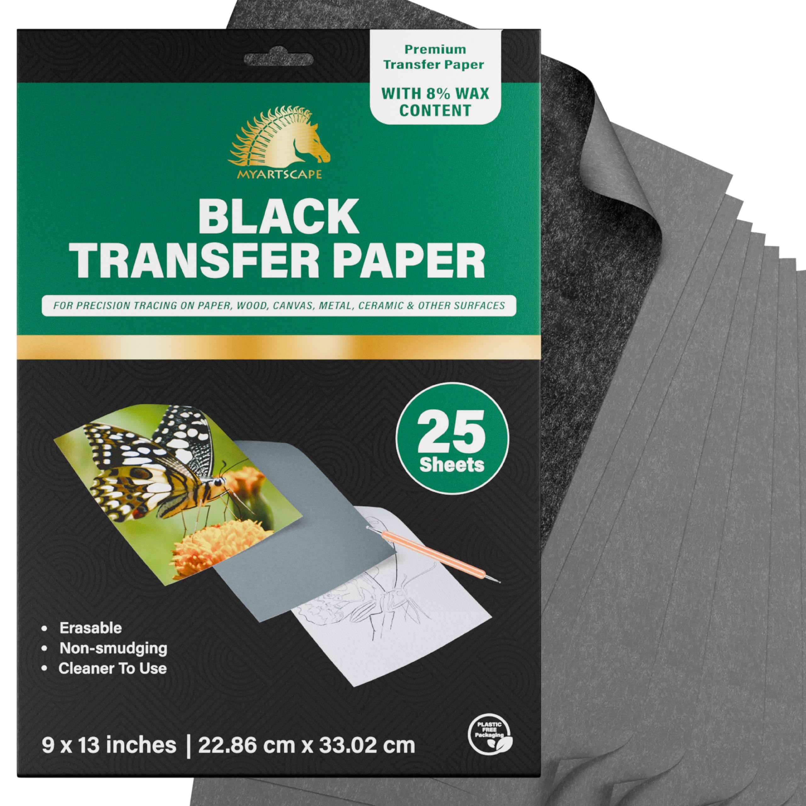 MyArtscape Graphite Transfer Paper - 9" x 13" - 25 Sheets - Waxed Carbon Paper for Tracing (Black)