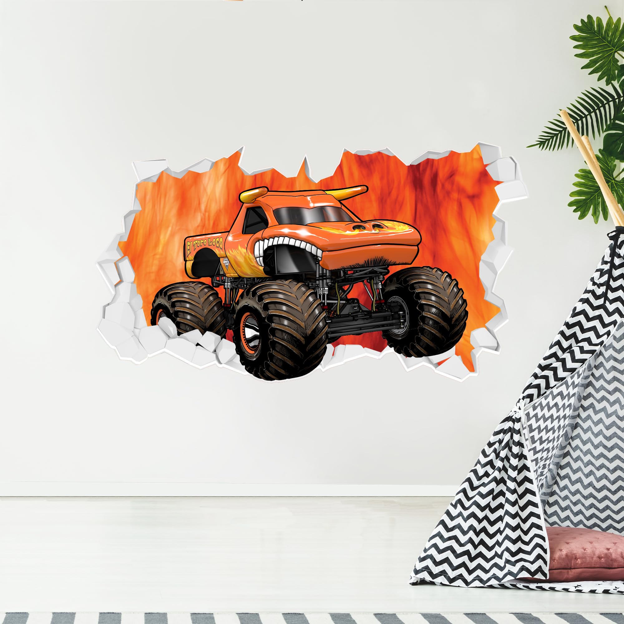 Themed Black Monster Jam Wall Sticker - El Toro Loco Driving Through Broken Wall Decal Art (90Cm Width X 50Cm Height)