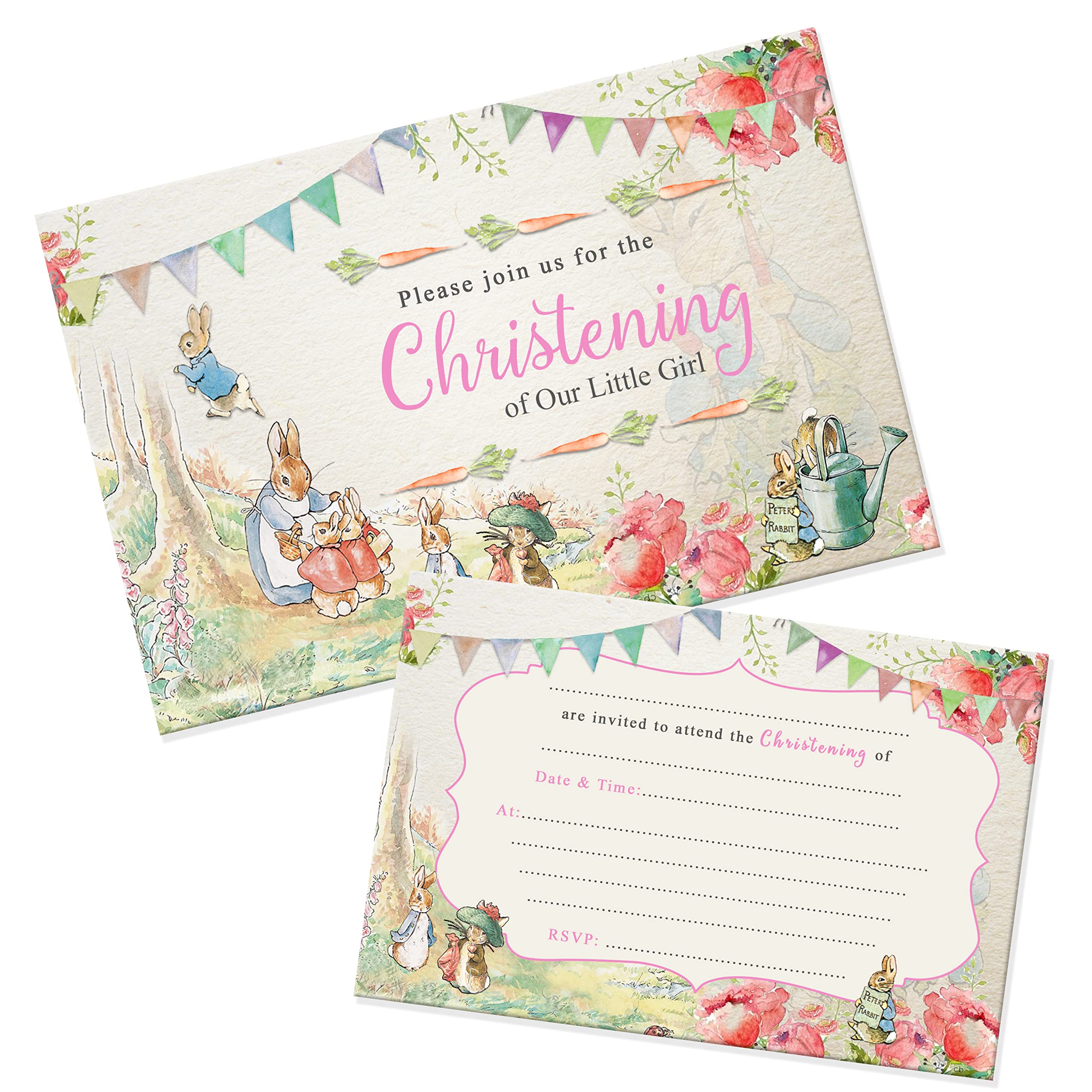 Peter Rabbit Christening Invitations & Envelopes Invite Packs WRITE ON (PINK Pack of 15)