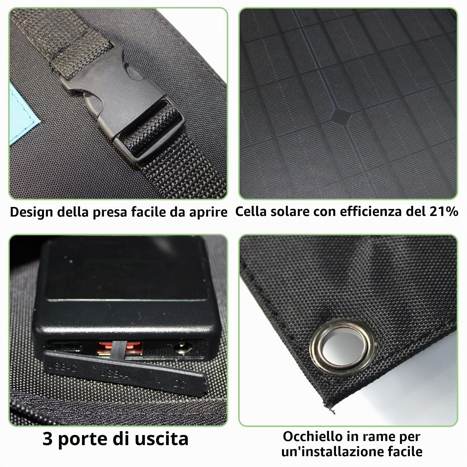 60W Caricatore Solare per esterni - Caricabatterie Solare Portatile con ricarica rapida Tre porte per il campeggio iPhone iPad Samsung Galaxy LG Cellulari e dispositivi