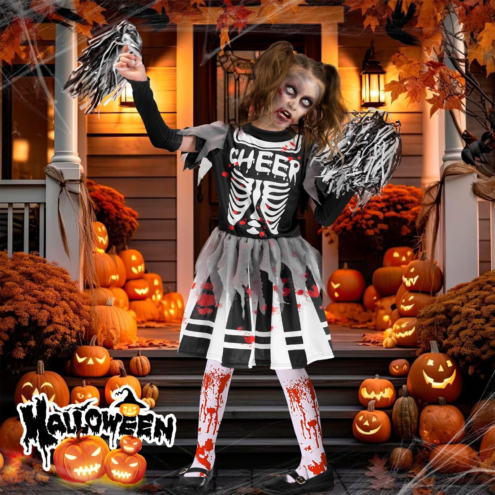NebulaGlam Children's Cheerleader Costume Halloween, Zombie Cheerleader Costume - Image 4
