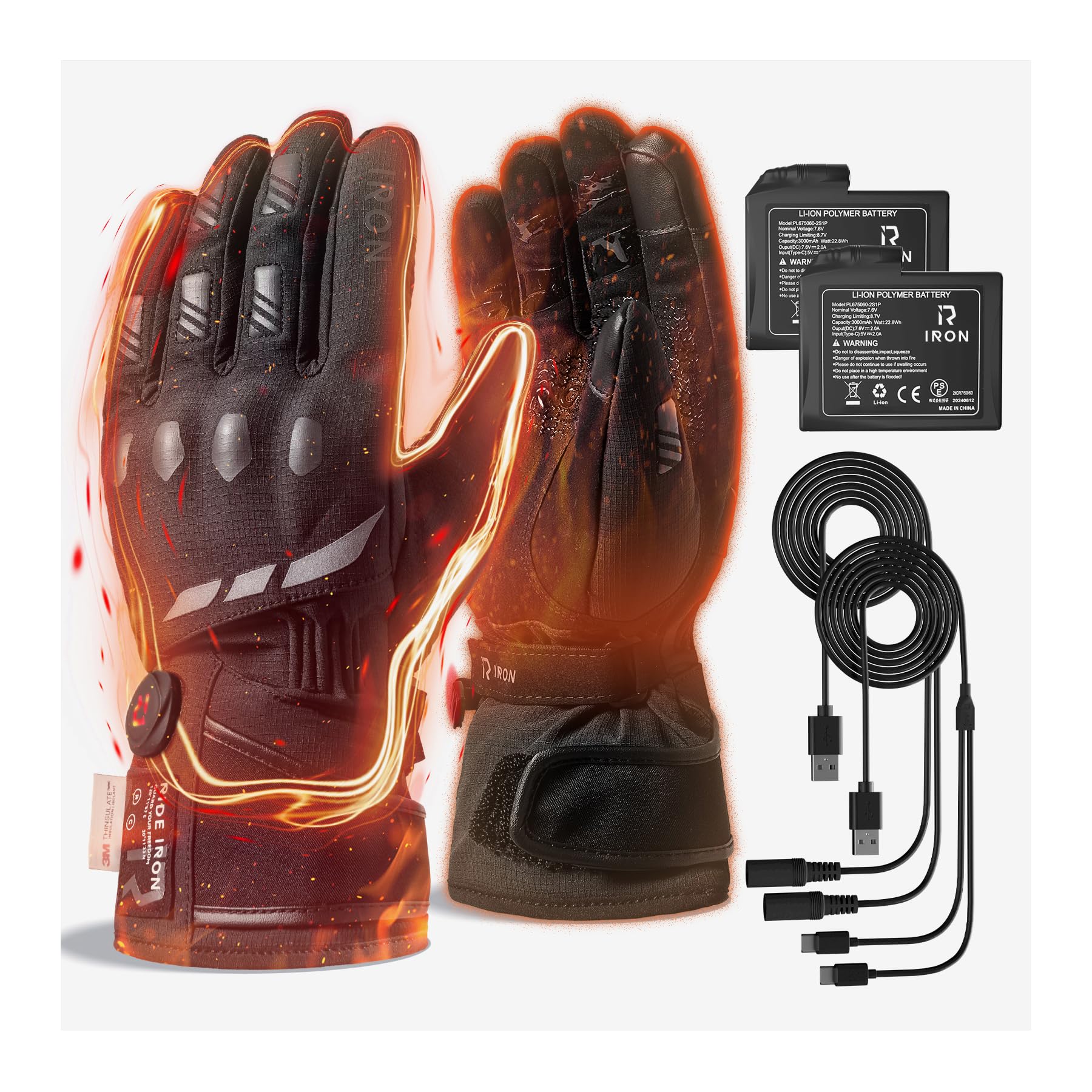 RIDEIRON Guantes Moto Calefactables, Certificados CE, Pantalla Táctil | Calor hasta los dedos, 3 niveles, modo inteligente, batería recargable y bandas reflectantes, para moto, modelo: MG7502H