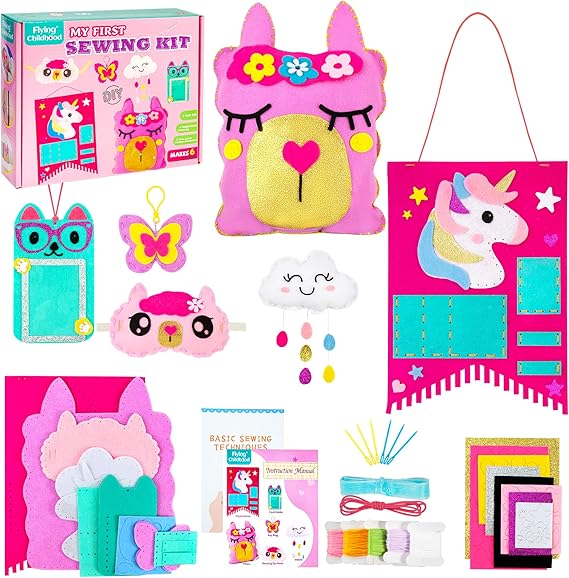 Soft Felt Sewing Kit for Kids Arts & Crafts, 6 Easy DIY Stuffed Animal Dolls and Plush Pillow, Instructions, Gifts for Girls 6-12, Embroidery Kit for Learn Sew