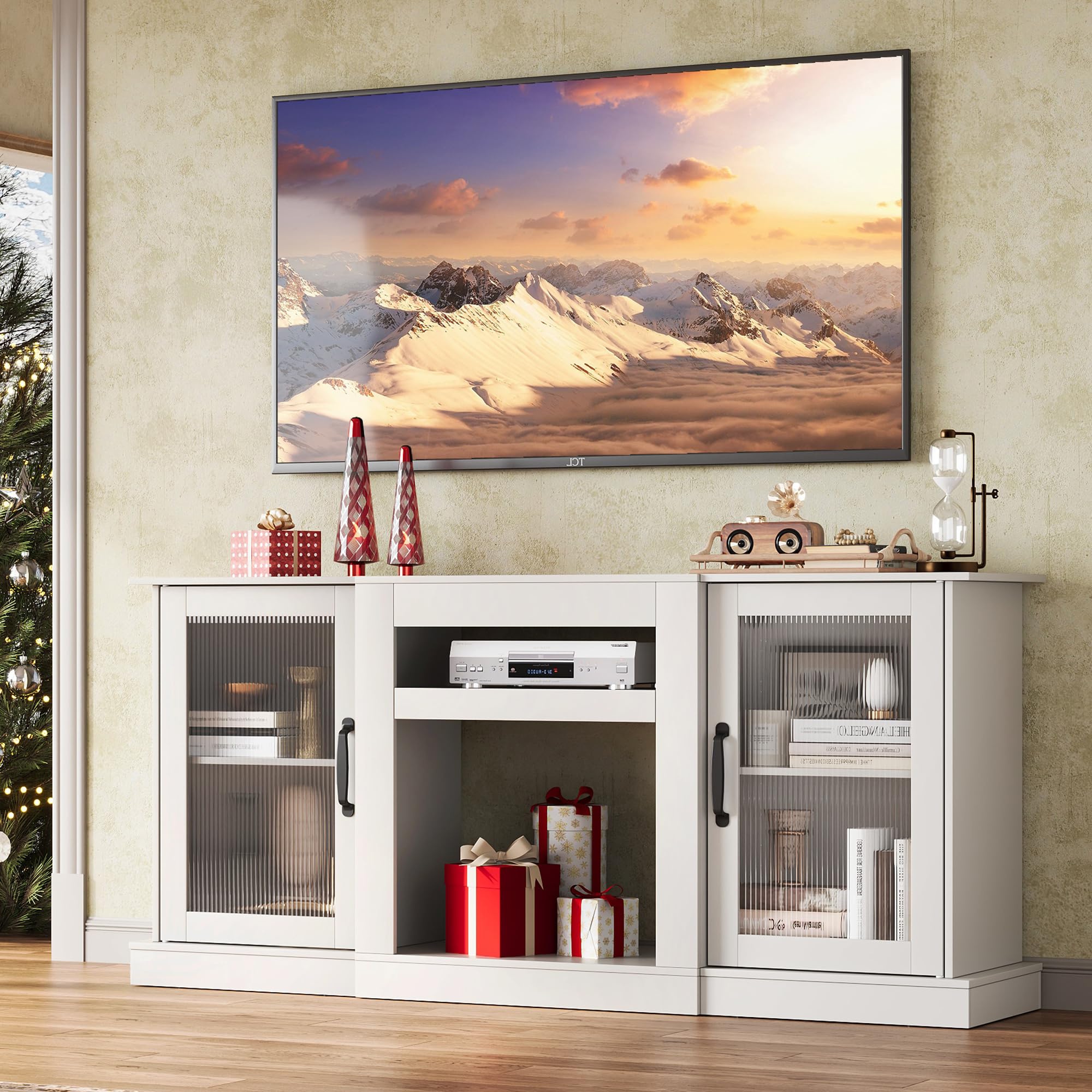 Farmhouse TV Stand for 65 inch TV, 58" Entertainment Center with Storage Cabinets, Open Shelves TV Console for Living Room and Bedroom, White