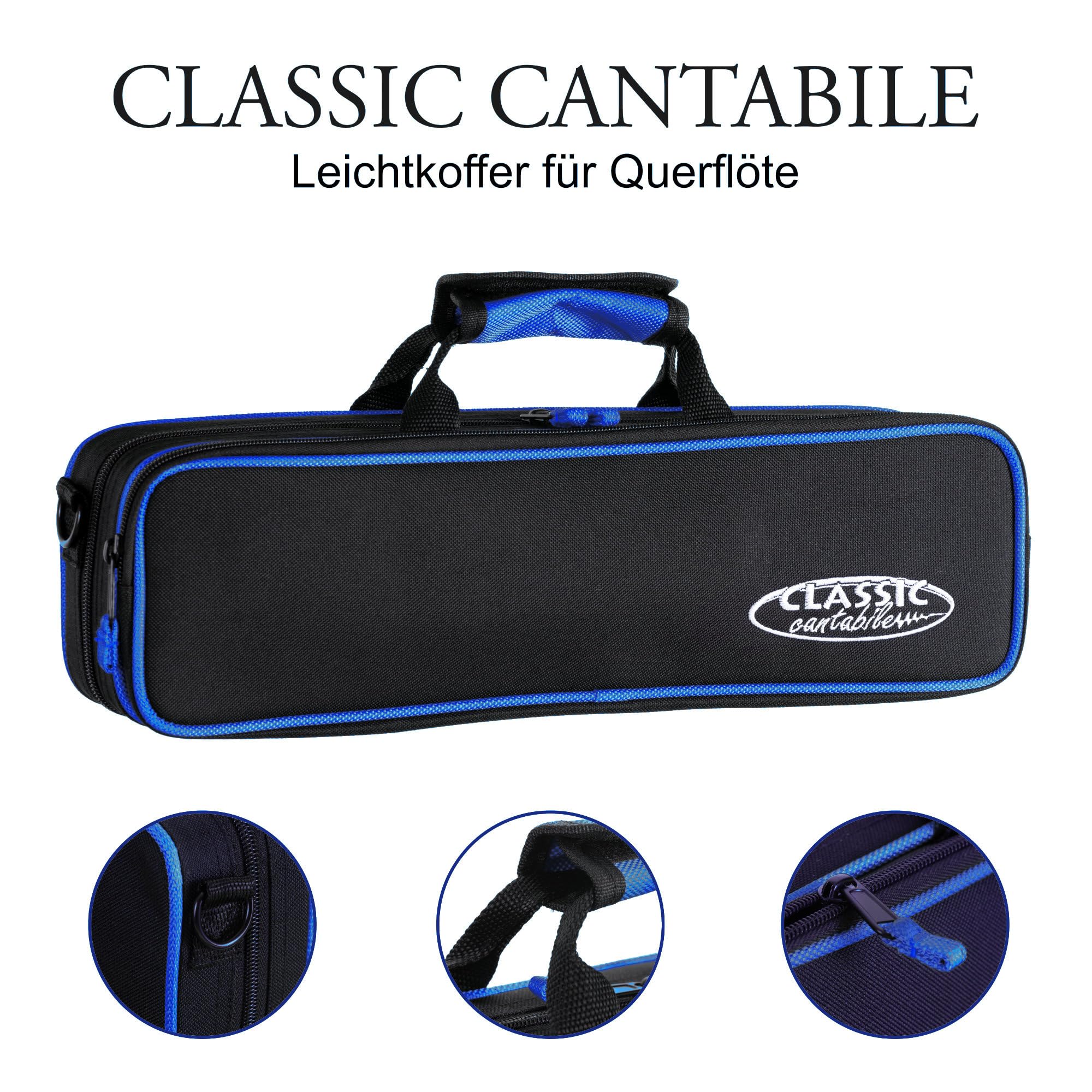 Classic Cantabile estuche ligero azul para flauta transversal, resistente al agua y desgarros, con acolchado térmico, correa incluida. Compatible con flautas transversales comunes.
