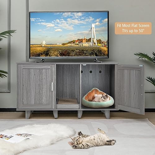 Miniatura 4 de Tangkula Caja de arena doble para gatos para 2 gatos, gran armario apilable oculto para baño de gatos con tabla de rascar, soporte de TV para casa