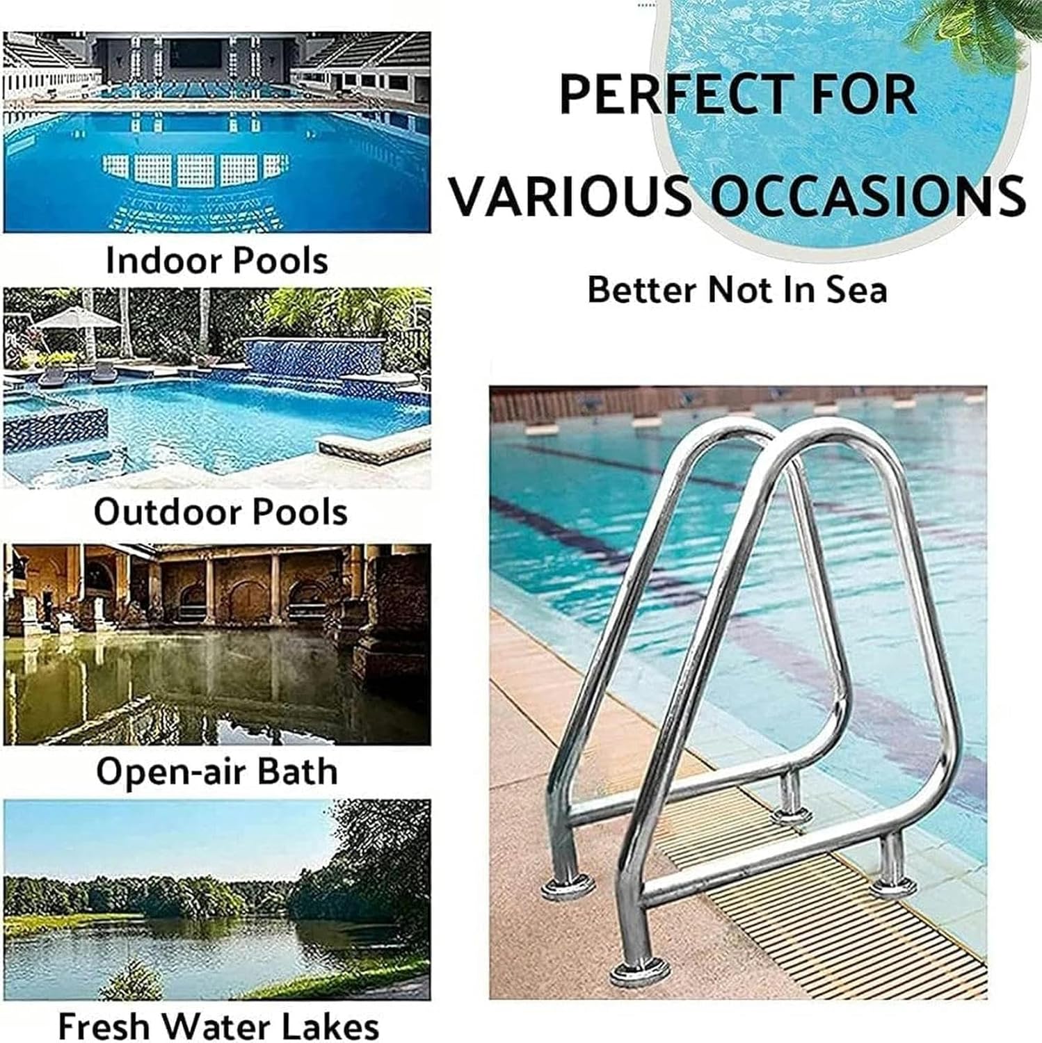 PooHand Rail, Pasamanos De Fácil Montaje Stainless Steel Pool Handrails, Easy Install Safety Handrails with Bottom Plate, Curved SPA Handrails,Silver~/