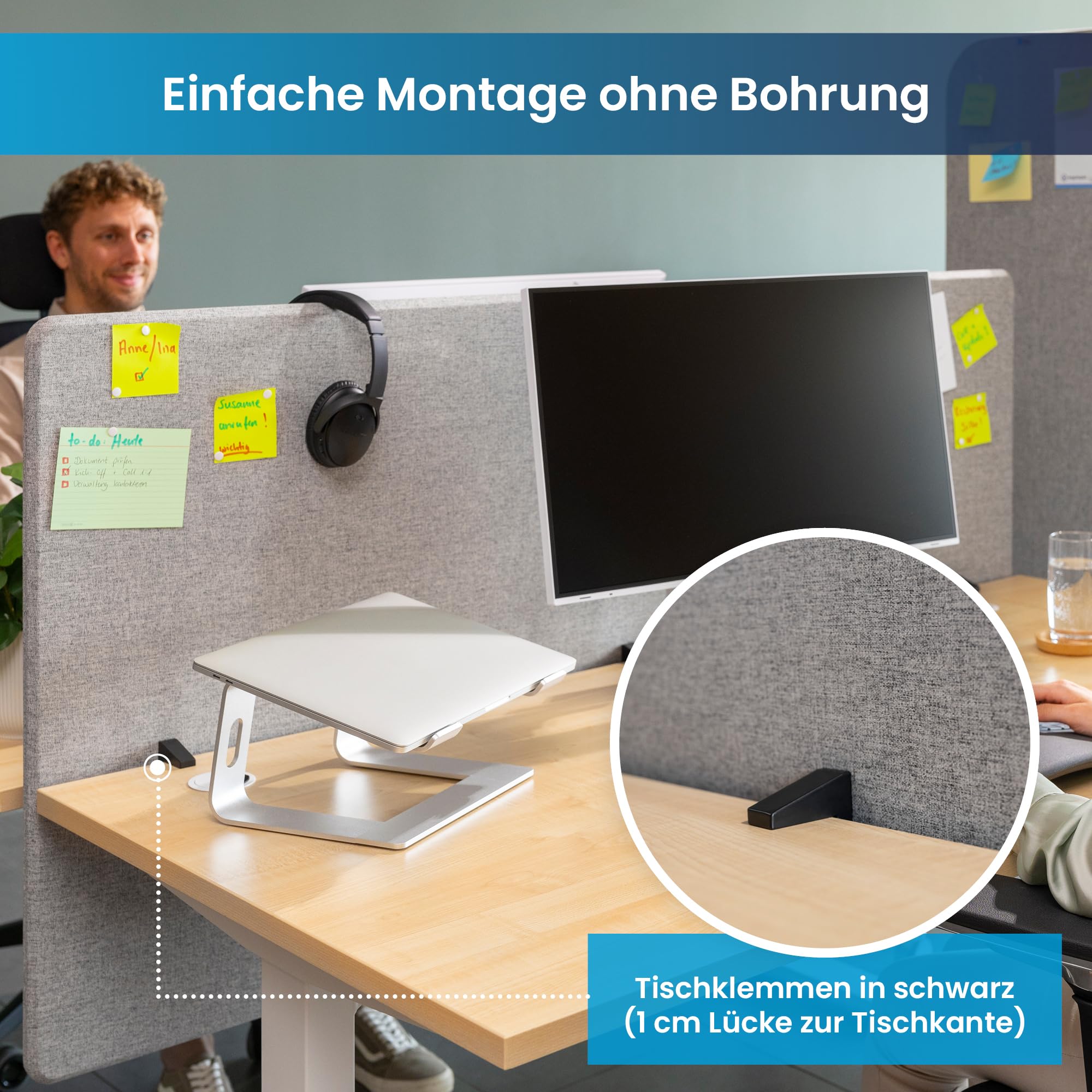 Ergotopia Akustik Trennwand Schreibtisch (180 x 80 x 2,8 cm), Verstellbarer Sichtschutz für Büro | Fokus Tischtrennwand in grau, Schallschutz Raumtrenner mit Klemmen, Schreibtisch Akustikwand